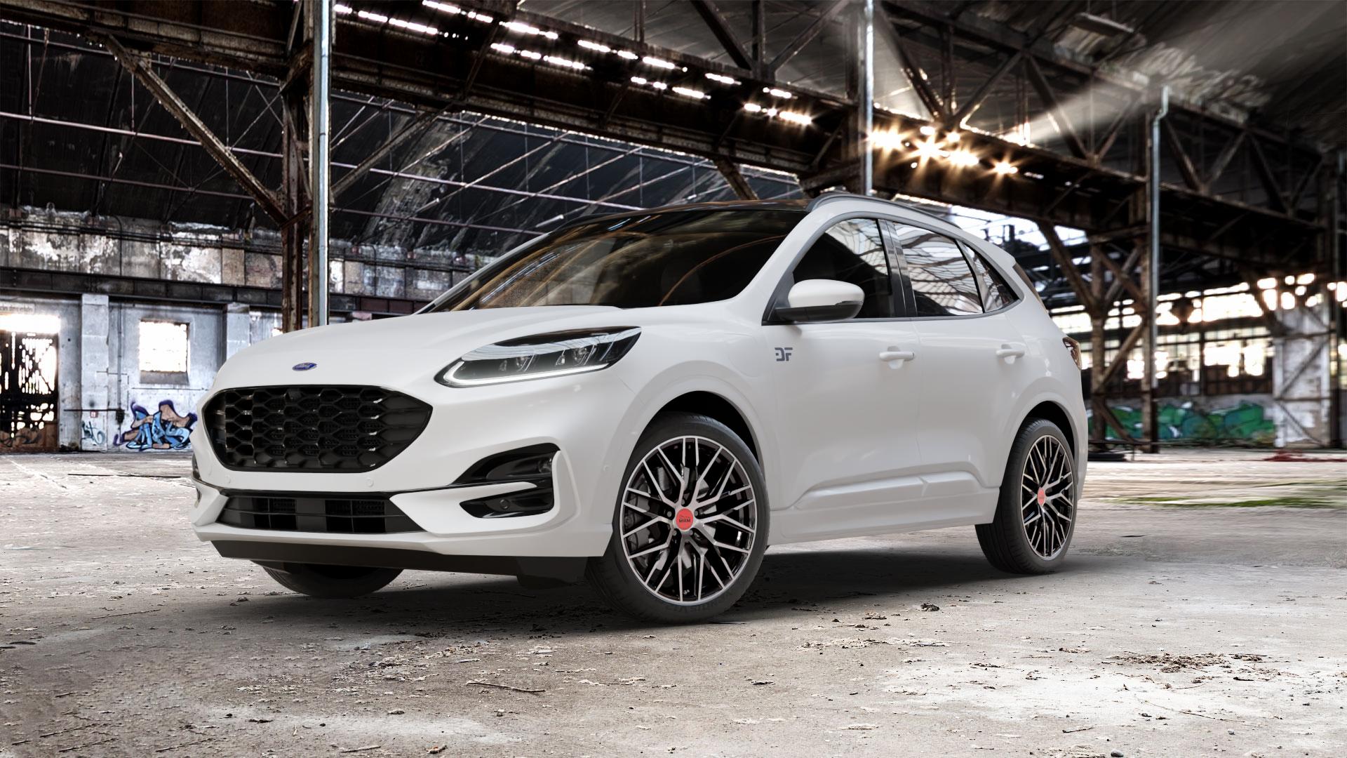 MAM RS4 BLACK FRONT POLISH Felge mit Reifen schwarz in 20Zoll Winterfelge Alufelge auf weissem Ford Kuga III Typ DFK ⬇️ mit 15mm Tieferlegung ⬇️ Old Industrial Hall_max_5300mm_2024 Frontansicht_1