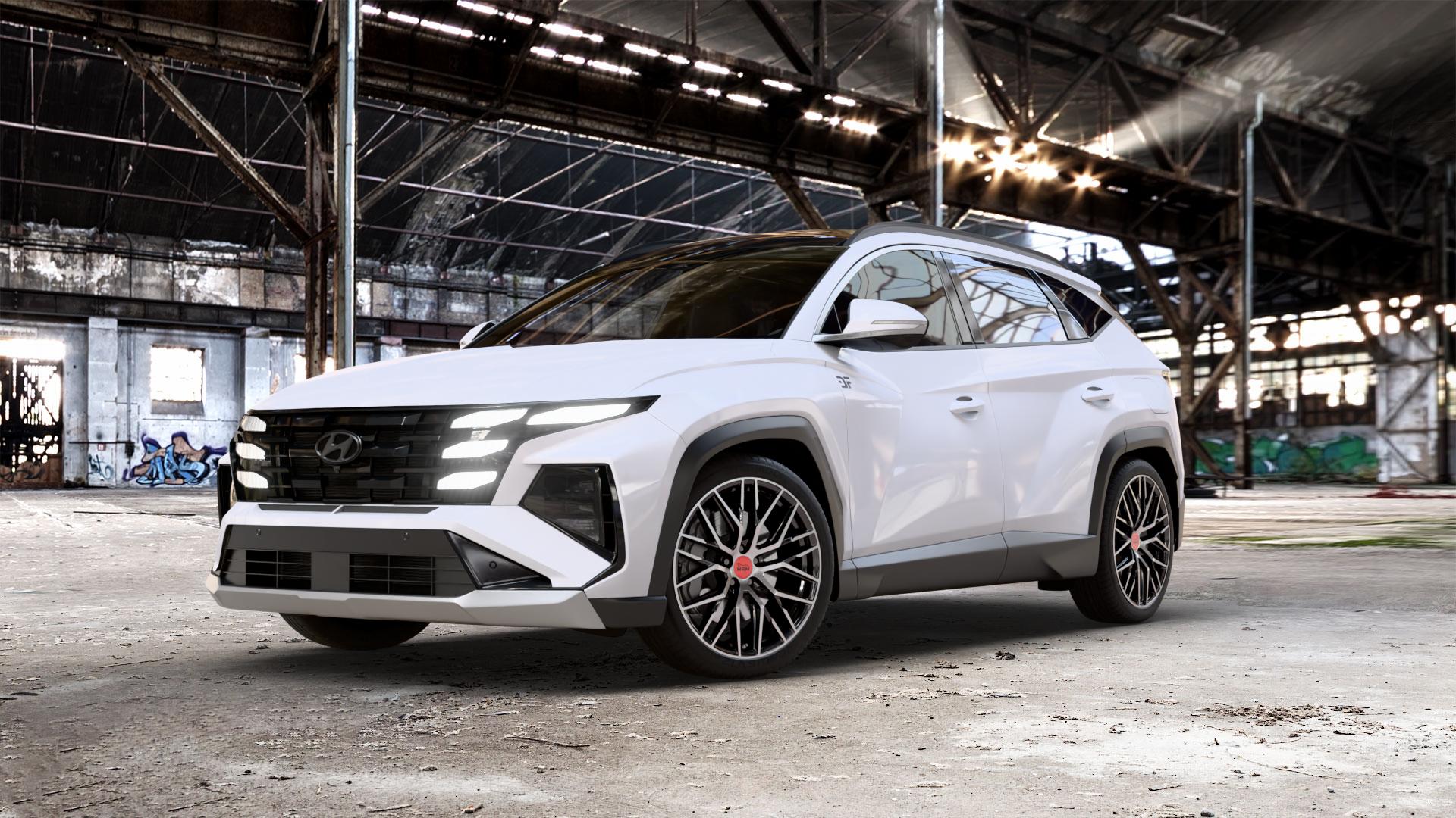 MAM RS4 BLACK FRONT POLISH Felge mit Reifen schwarz in 20Zoll Winterfelge Alufelge auf weissem Hyundai Tucson III Typ NX4e Facelift ⬇️ mit 15mm Tieferlegung ⬇️ Old Industrial Hall_max_5300mm_2024 Frontansicht_1