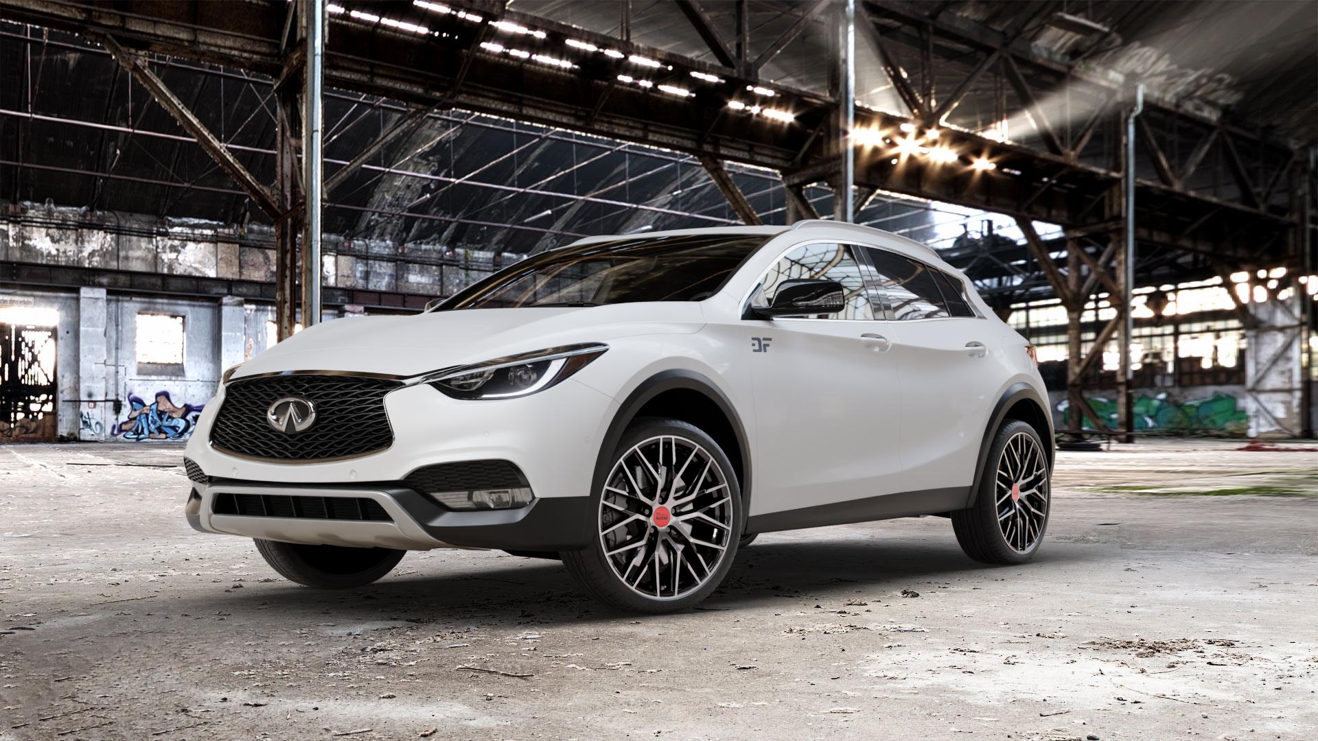 MAM RS4 BLACK FRONT POLISH Felge mit Reifen schwarz in 20Zoll Winterfelge Alufelge auf weissem Infiniti QX30 ⬇️ mit 15mm Tieferlegung ⬇️ Old Industrial Hall_max_5300mm_2024 Frontansicht_1
