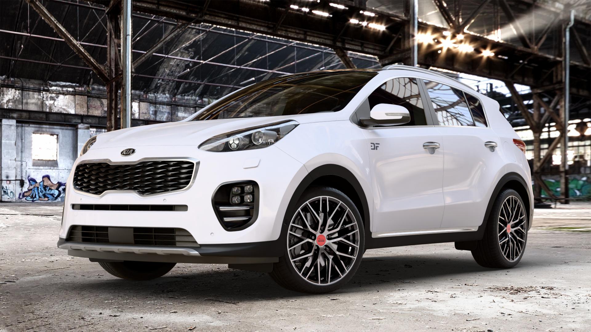 MAM RS4 BLACK FRONT POLISH Felge mit Reifen schwarz in 20Zoll Winterfelge Alufelge auf weissem Kia Sportage IV Typ QL QLE ⬇️ mit 15mm Tieferlegung ⬇️ Old Industrial Hall_max_4400mm_2024 Frontansicht_1