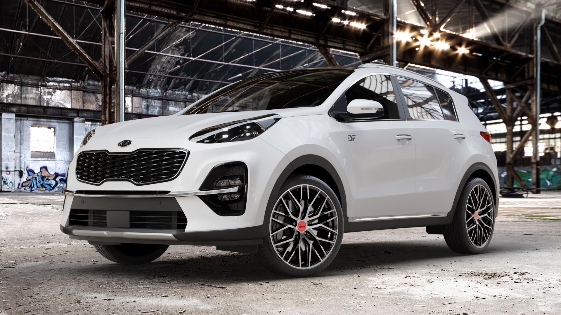 MAM RS4 BLACK FRONT POLISH Felge mit Reifen schwarz in 20Zoll Winterfelge Alufelge auf weissem Kia Sportage IV Typ QLE Facelift QL ⬇️ mit 15mm Tieferlegung ⬇️ Old Industrial Hall_max_4400mm_2024 Frontansicht_1