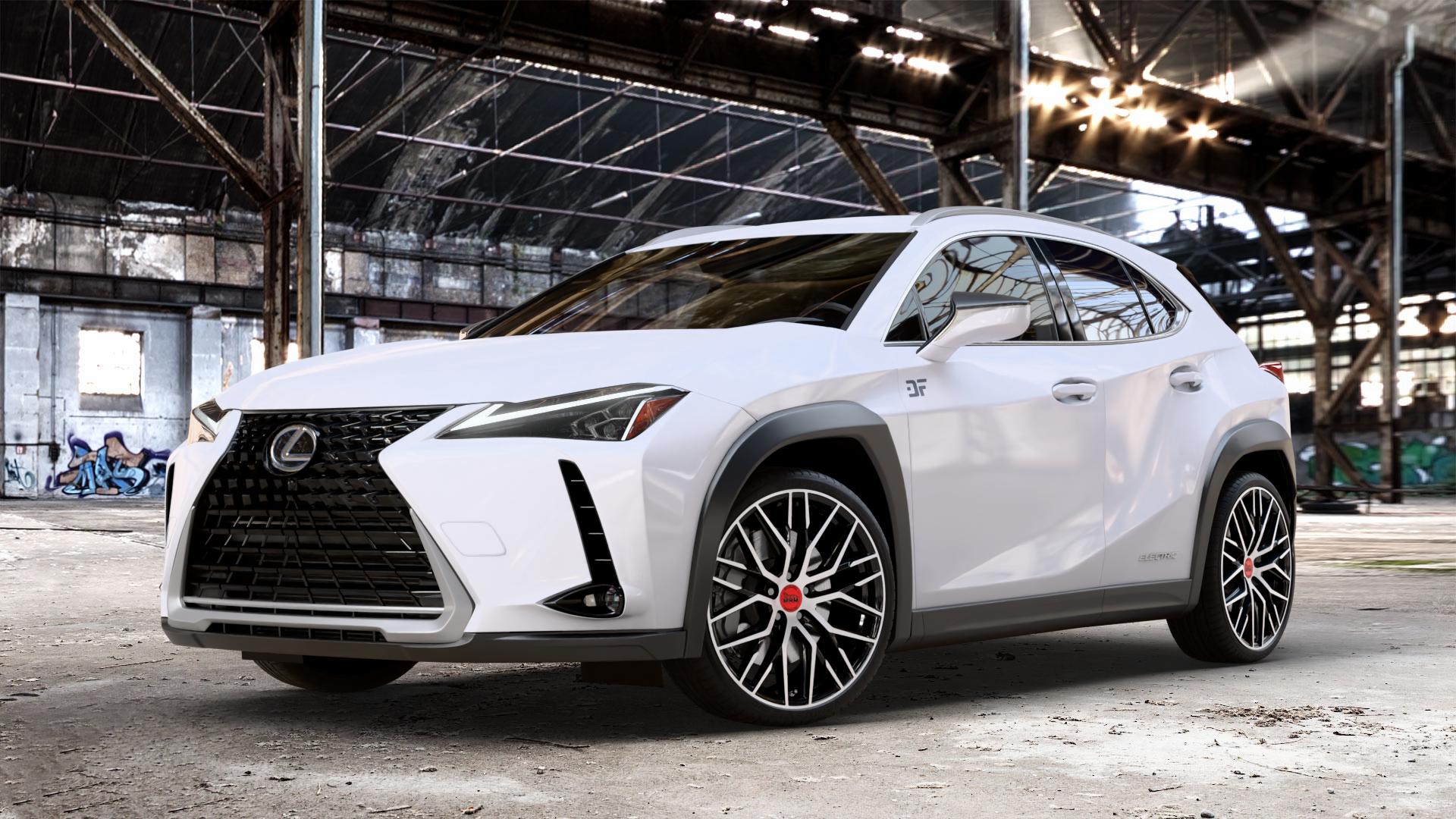 MAM RS4 BLACK FRONT POLISH Felge mit Reifen schwarz in 20Zoll Winterfelge Alufelge auf weissem Lexus UX Typ EZA1(EU,M) 0,0l UX300E 57kW (77 PS) ⬇️ mit 15mm Tieferlegung ⬇️ Old Industrial Hall_max_4400mm_2024 Frontansicht_1