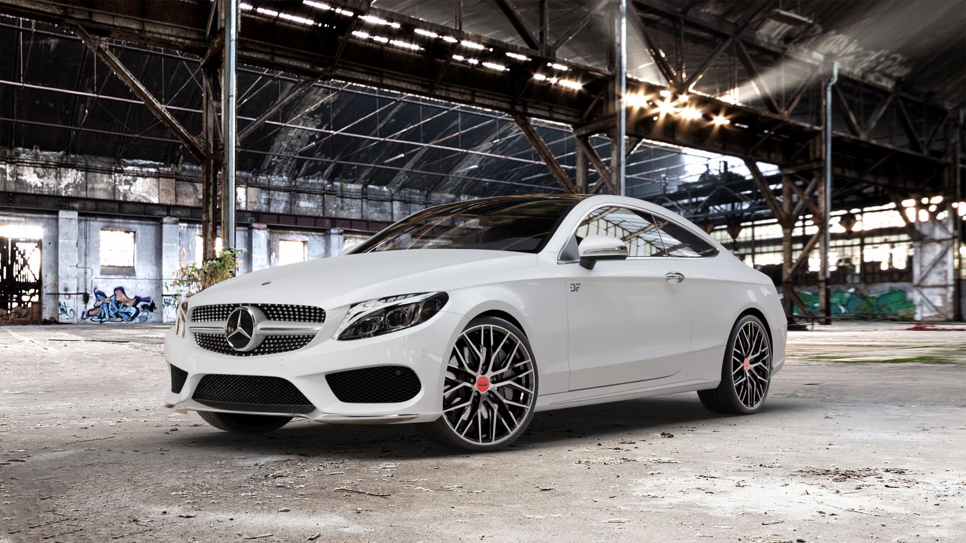 MAM RS4 BLACK FRONT POLISH Felge mit Reifen schwarz in 20Zoll Winterfelge Alufelge auf weissem Mercedes C-Klasse Typ C205 Coupe Facelift ⬇️ mit 15mm Tieferlegung ⬇️ Old Industrial Hall_max_5300mm_2024 Frontansicht_1