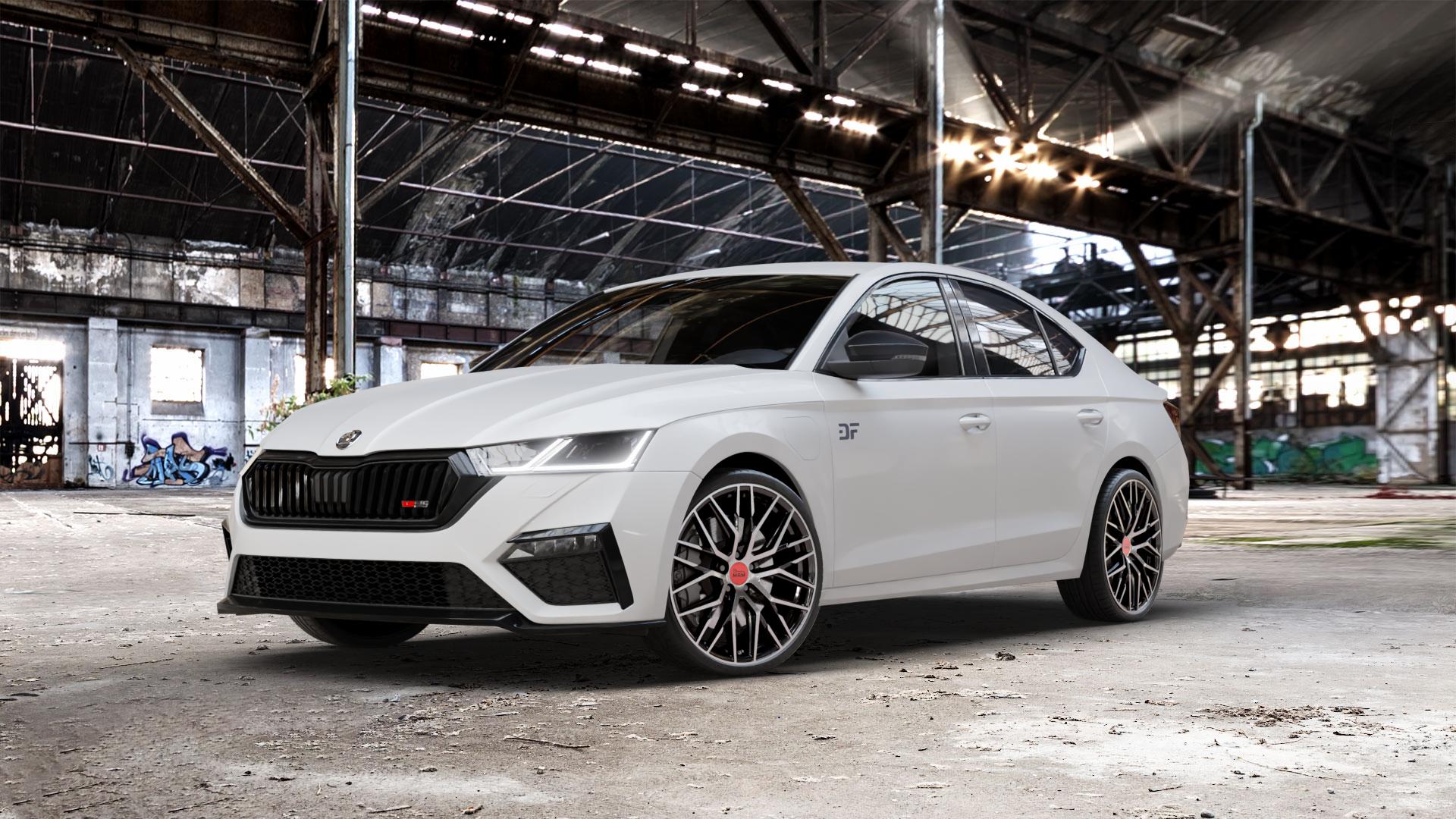 MAM RS4 BLACK FRONT POLISH Felge mit Reifen schwarz in 20Zoll Winterfelge Alufelge auf weissem Skoda Octavia IV Limousine Typ NX 2,0l TDI 4x4 147kW (200 PS) TSI 180kW RS (245 1,4l 110kW Hybrid (150 ⬇️ mit 15mm Tieferlegung ⬇️ Old Industrial Hall_max_5300mm_2024 Frontansicht_1