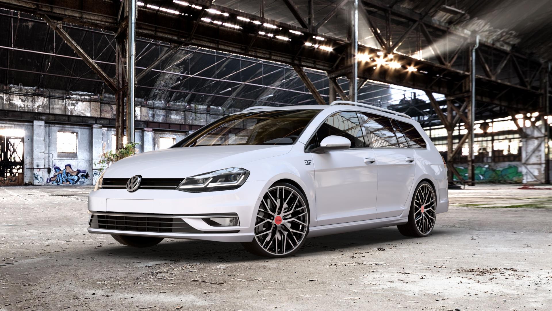 MAM RS4 BLACK FRONT POLISH Felge mit Reifen schwarz in 20Zoll Winterfelge Alufelge auf weissem unilack Volkswagen (VW) Golf 7 Variant Facelift ⬇️ mit 15mm Tieferlegung ⬇️ Old Industrial Hall_max_5300mm_2024 Frontansicht_1