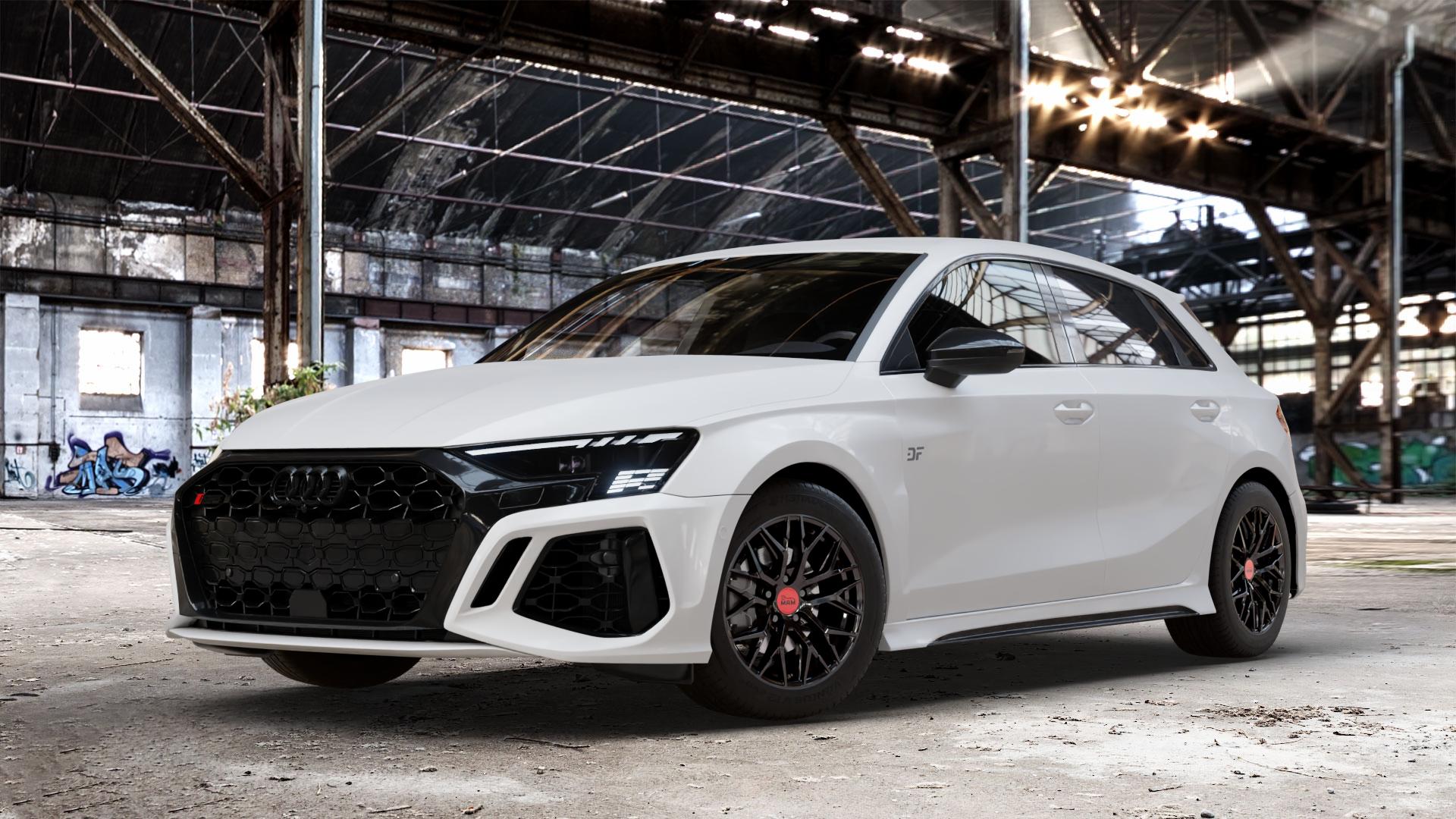 MAM RS4 BLACK PAINTED Felge mit Reifen schwarz in 16Zoll Winterfelge Alufelge auf weissem Audi A3 Typ GY (Sportback) 2,5l TFSI quattro 294kW RS3 (400 PS) 299kW (407 ⬇️ mit 15mm Tieferlegung ⬇️ Old Industrial Hall_max_4400mm_2024 Frontansicht_1