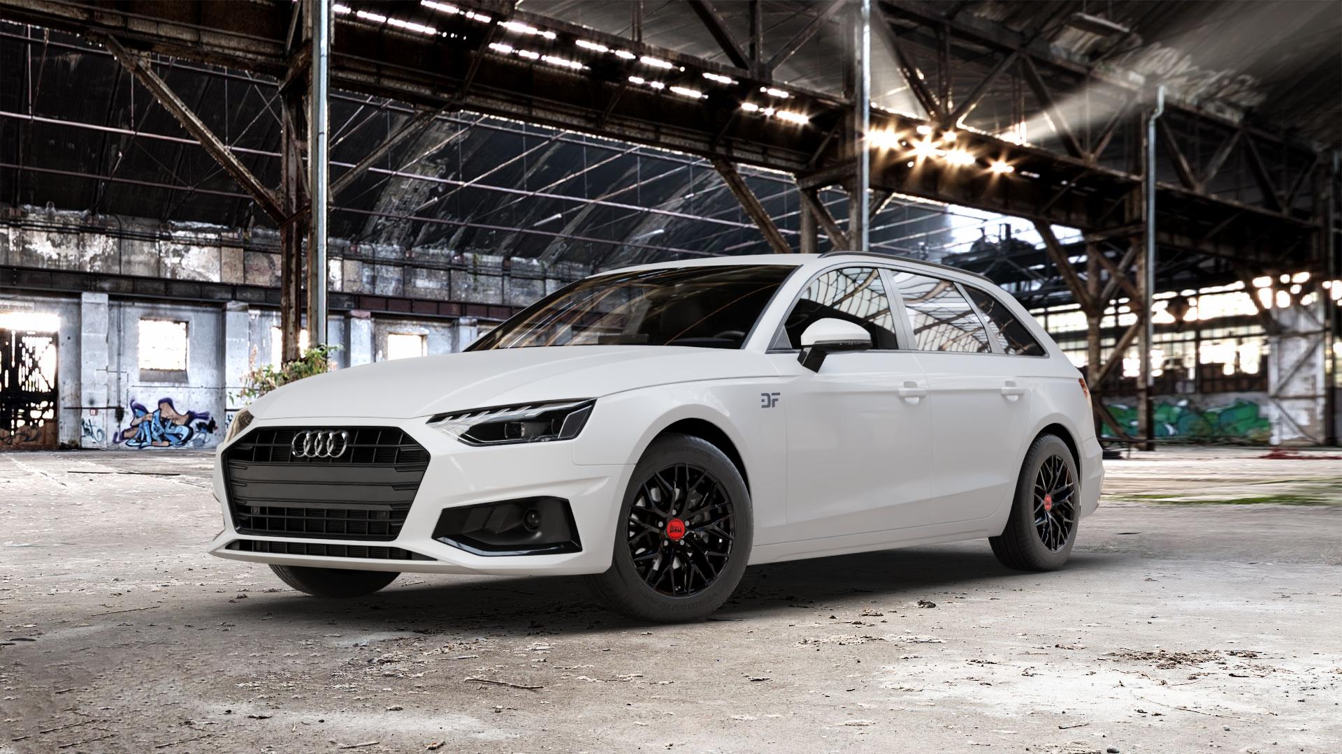 MAM RS4 BLACK PAINTED Felge mit Reifen schwarz in 16Zoll Winterfelge Alufelge auf weissem Audi A4 Typ B9 (Avant) Facelift ⬇️ mit 15mm Tieferlegung ⬇️ Old Industrial Hall_max_5300mm_2024 Frontansicht_1