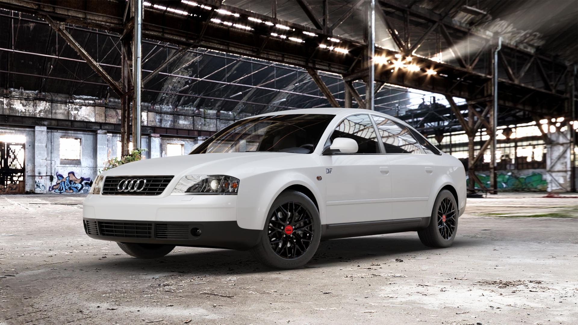 MAM RS4 BLACK PAINTED Felge mit Reifen schwarz in 16Zoll Winterfelge Alufelge auf weissem Audi A6 Typ 4B/C5 (Limousine) ⬇️ mit 15mm Tieferlegung ⬇️ Old Industrial Hall_max_5300mm_2024 Frontansicht_1