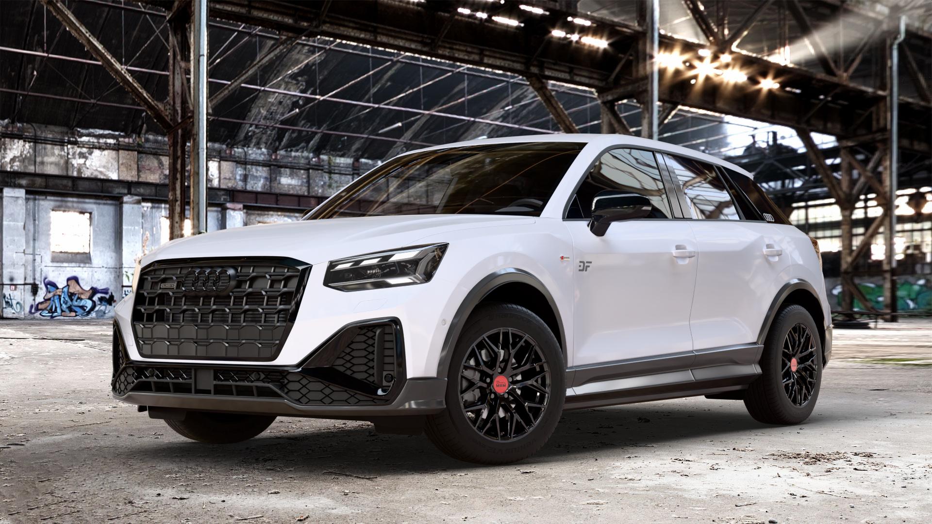 MAM RS4 BLACK PAINTED Felge mit Reifen schwarz in 16Zoll Winterfelge Alufelge auf weißem Audi Q2 Typ GA Facelift ⬇️ mit 15mm Tieferlegung ⬇️ Old Industrial Hall_max_4400mm_2024 Frontansicht_1