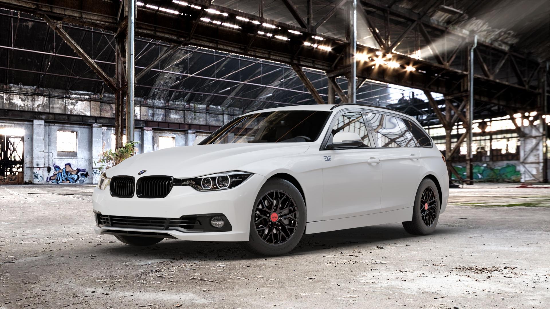 MAM RS4 BLACK PAINTED Felge mit Reifen schwarz in 16Zoll Winterfelge Alufelge auf weissem BMW 330d Typ F31 (Touring) xDrive 318i 330i 340i 3er Touring (3K, 3K-N1) ⬇️ mit 15mm Tieferlegung ⬇️ Old Industrial Hall_max_5300mm_2024 Frontansicht_1