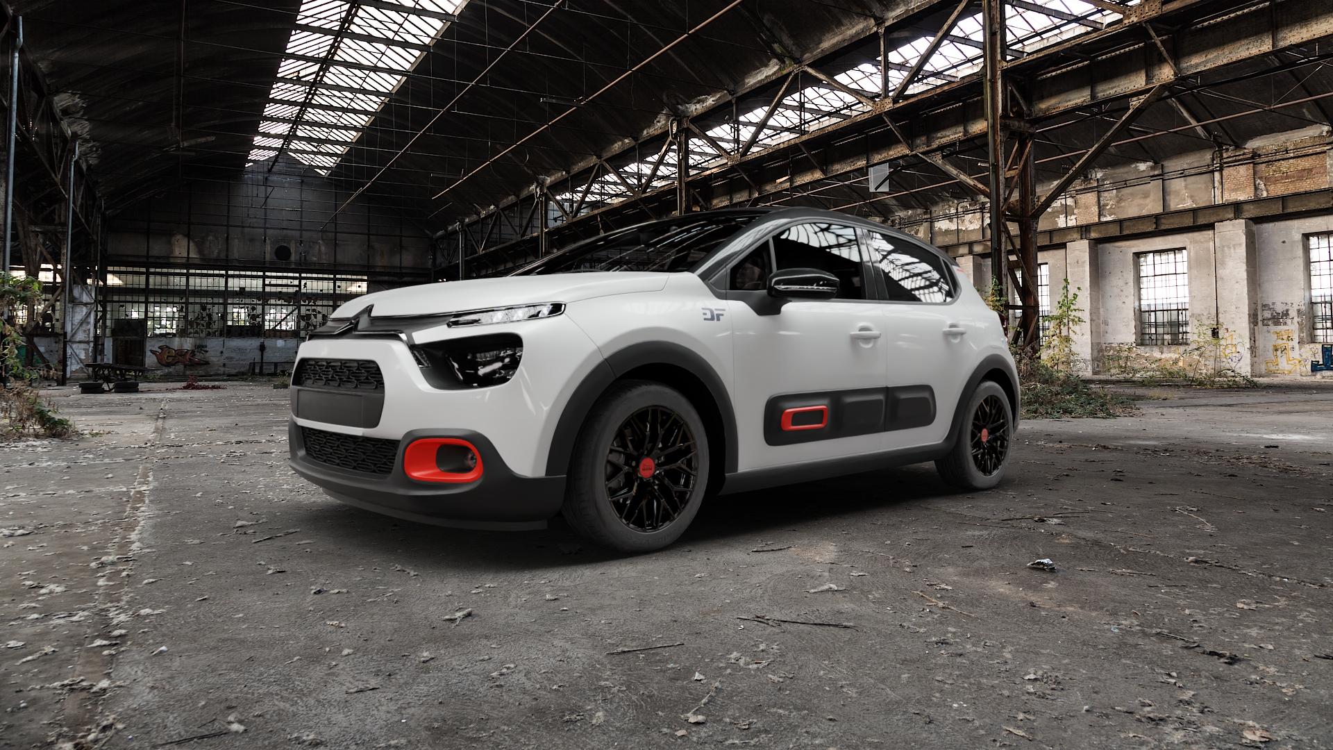 MAM RS4 BLACK PAINTED Felge mit Reifen schwarz in 16Zoll Winterfelge Alufelge auf weissem Citroen C3 III Facelift ⬇️ mit 15mm Tieferlegung ⬇️ Old Industrial Hall_max5000mm_2022 Frontansicht_1