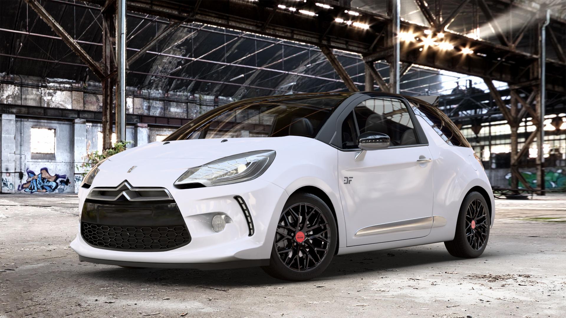 MAM RS4 BLACK PAINTED Felge mit Reifen schwarz in 16Zoll Winterfelge Alufelge auf weissem Citroen DS3 Cabrio Facelift ⬇️ mit 15mm Tieferlegung ⬇️ Old Industrial Hall_max_4400mm_2024 Frontansicht_1