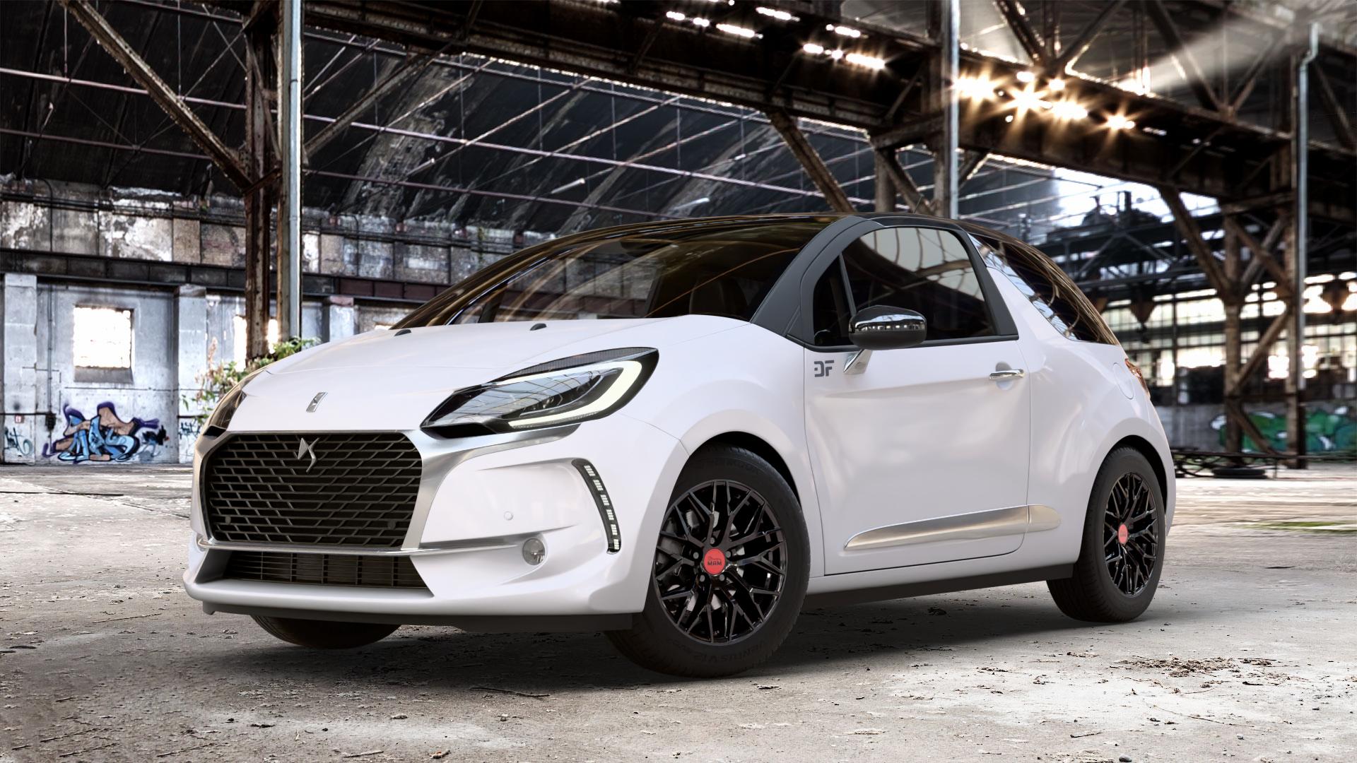 MAM RS4 BLACK PAINTED Felge mit Reifen schwarz in 16Zoll Winterfelge Alufelge auf weissem Citroen DS3 Facelift DS Automobiles Typ S ⬇️ mit 15mm Tieferlegung ⬇️ Old Industrial Hall_max_4400mm_2024 Frontansicht_1