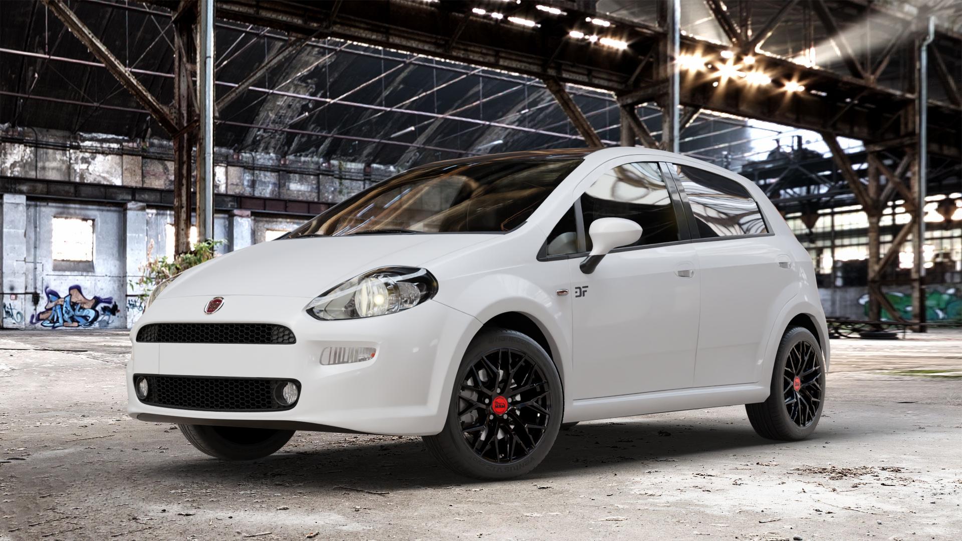 MAM RS4 BLACK PAINTED Felge mit Reifen schwarz in 16Zoll Winterfelge Alufelge auf weissem Fiat Punto / Grande Typ 199 (12->) ⬇️ mit 15mm Tieferlegung ⬇️ Old Industrial Hall_max_4400mm_2024 Frontansicht_1