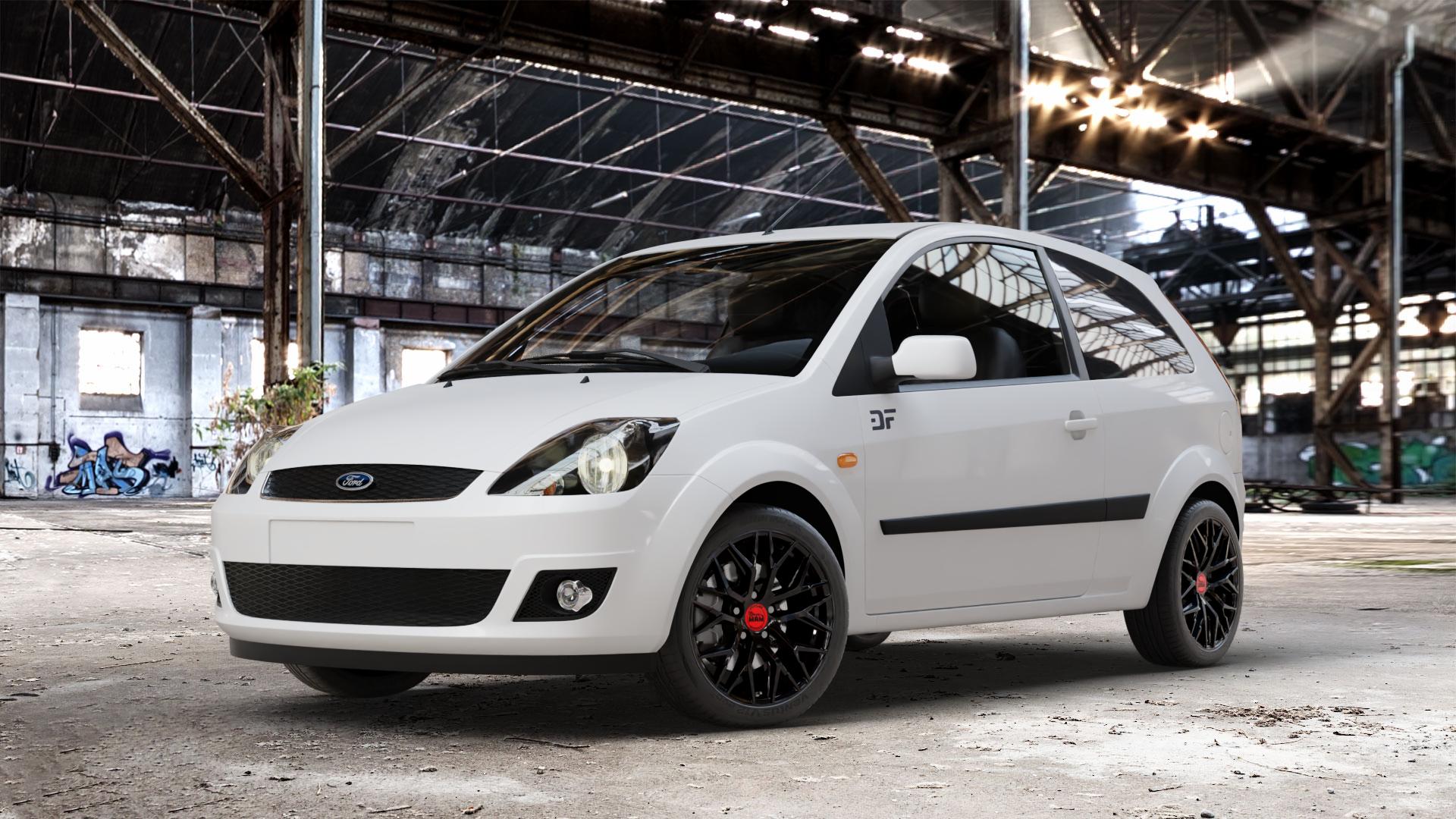 MAM RS4 BLACK PAINTED Felge mit Reifen schwarz in 16Zoll Winterfelge Alufelge auf weissem Ford Fiesta V Typ JH1/JD3 ⬇️ mit 15mm Tieferlegung ⬇️ Old Industrial Hall_max_4400mm_2024 Frontansicht_1