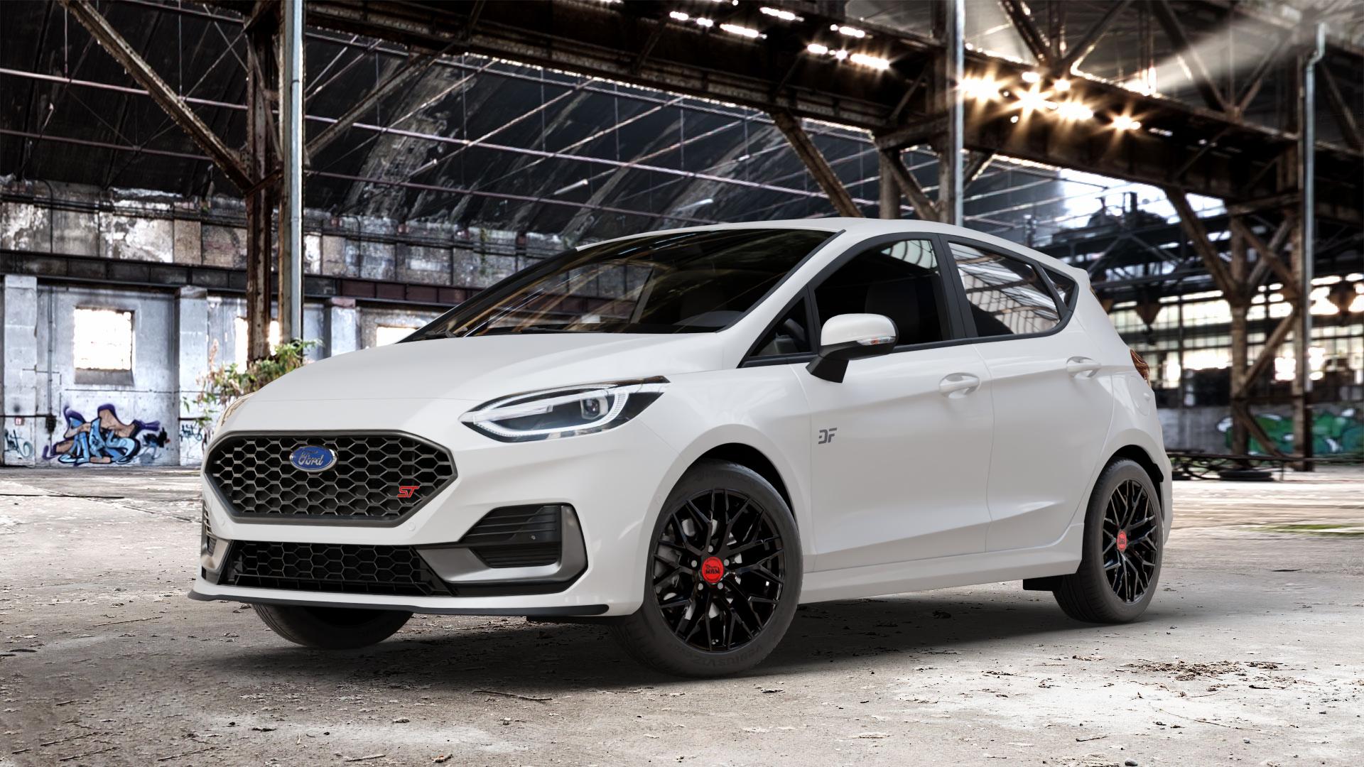 MAM RS4 BLACK PAINTED Felge mit Reifen schwarz in 16Zoll Winterfelge Alufelge auf weissem Ford Fiesta VII Typ JHH Facelift 1,5l EcoBoost 147kW ST (200 PS) ⬇️ mit 15mm Tieferlegung ⬇️ Old Industrial Hall_max_4400mm_2024 Frontansicht_1