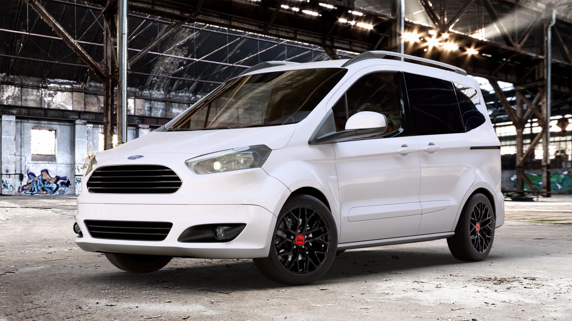 MAM RS4 BLACK PAINTED Felge mit Reifen schwarz in 16Zoll Winterfelge Alufelge auf weissem Ford Tourneo Courier Typ JU2 (14->) N1P ⬇️ mit 15mm Tieferlegung ⬇️ Old Industrial Hall_max_4400mm_2024 Frontansicht_1