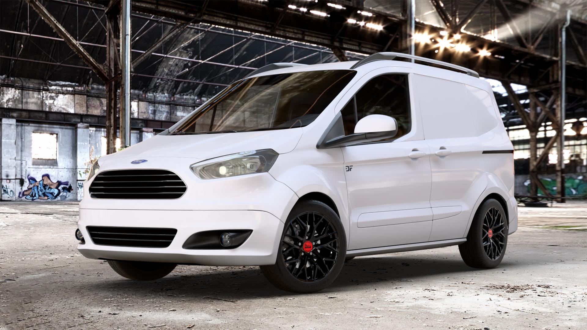 MAM RS4 BLACK PAINTED Felge mit Reifen schwarz in 16Zoll Winterfelge Alufelge auf weissem Ford Transit Courier Typ JN8 (14->) JU2 ⬇️ mit 15mm Tieferlegung ⬇️ Old Industrial Hall_max_4400mm_2024 Frontansicht_1