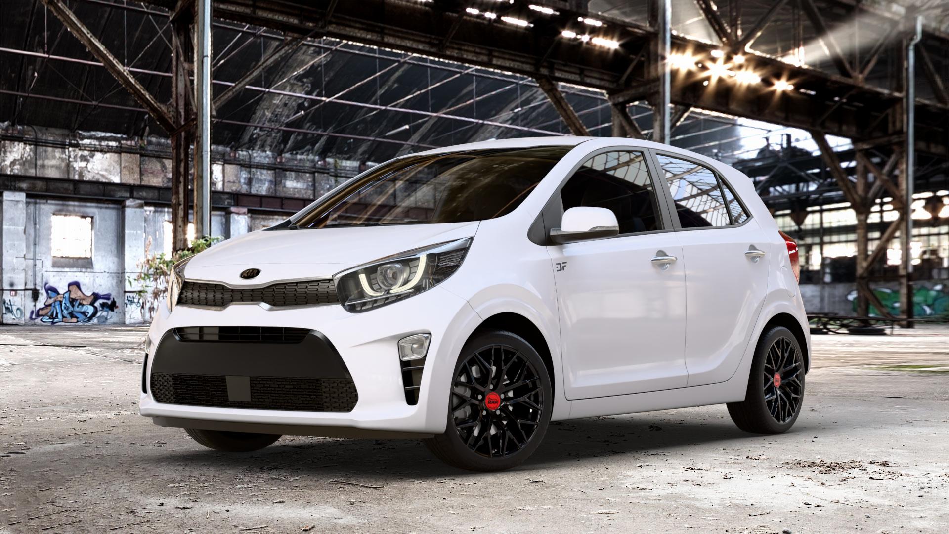 MAM RS4 BLACK PAINTED Felge mit Reifen schwarz in 16Zoll Winterfelge Alufelge auf weissem Kia Picanto III Typ JA ⬇️ mit 15mm Tieferlegung ⬇️ Old Industrial Hall_max_4400mm_2024 Frontansicht_1