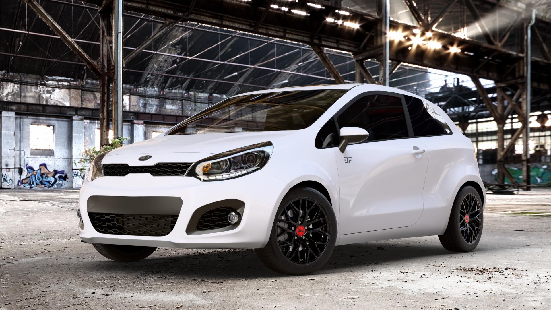 MAM RS4 BLACK PAINTED Felge mit Reifen schwarz in 16Zoll Winterfelge Alufelge auf weissem Kia Rio III Typ UB ⬇️ mit 15mm Tieferlegung ⬇️ Old Industrial Hall_max_4400mm_2024 Frontansicht_1