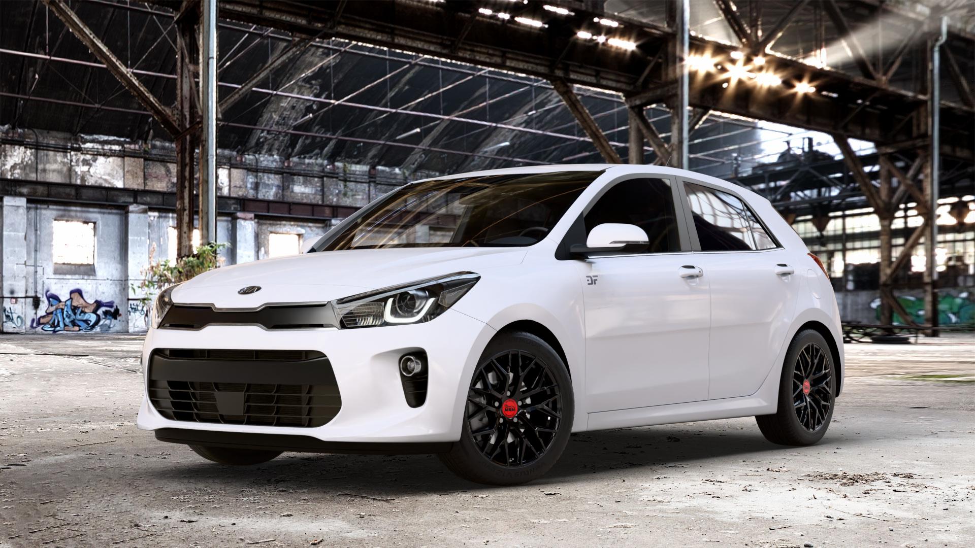 MAM RS4 BLACK PAINTED Felge mit Reifen schwarz in 16Zoll Winterfelge Alufelge auf weissem Kia Rio IV Typ YB Facelift ⬇️ mit 15mm Tieferlegung ⬇️ Old Industrial Hall_max_4400mm_2024 Frontansicht_1