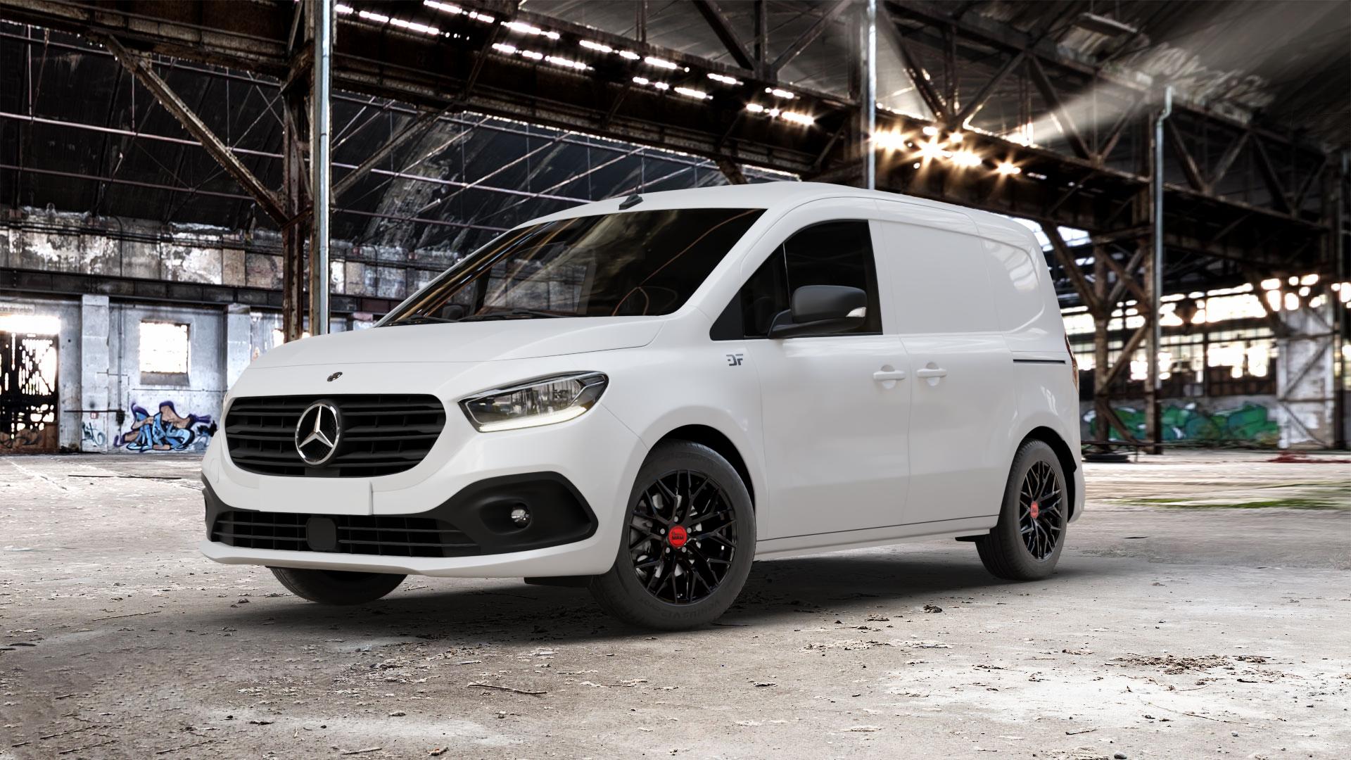 MAM RS4 BLACK PAINTED Felge mit Reifen schwarz in 16Zoll Winterfelge Alufelge auf weissem Mercedes Citan Kasten Typ W420 ⬇️ mit 15mm Tieferlegung ⬇️ Old Industrial Hall_max_5300mm_2024 Frontansicht_1