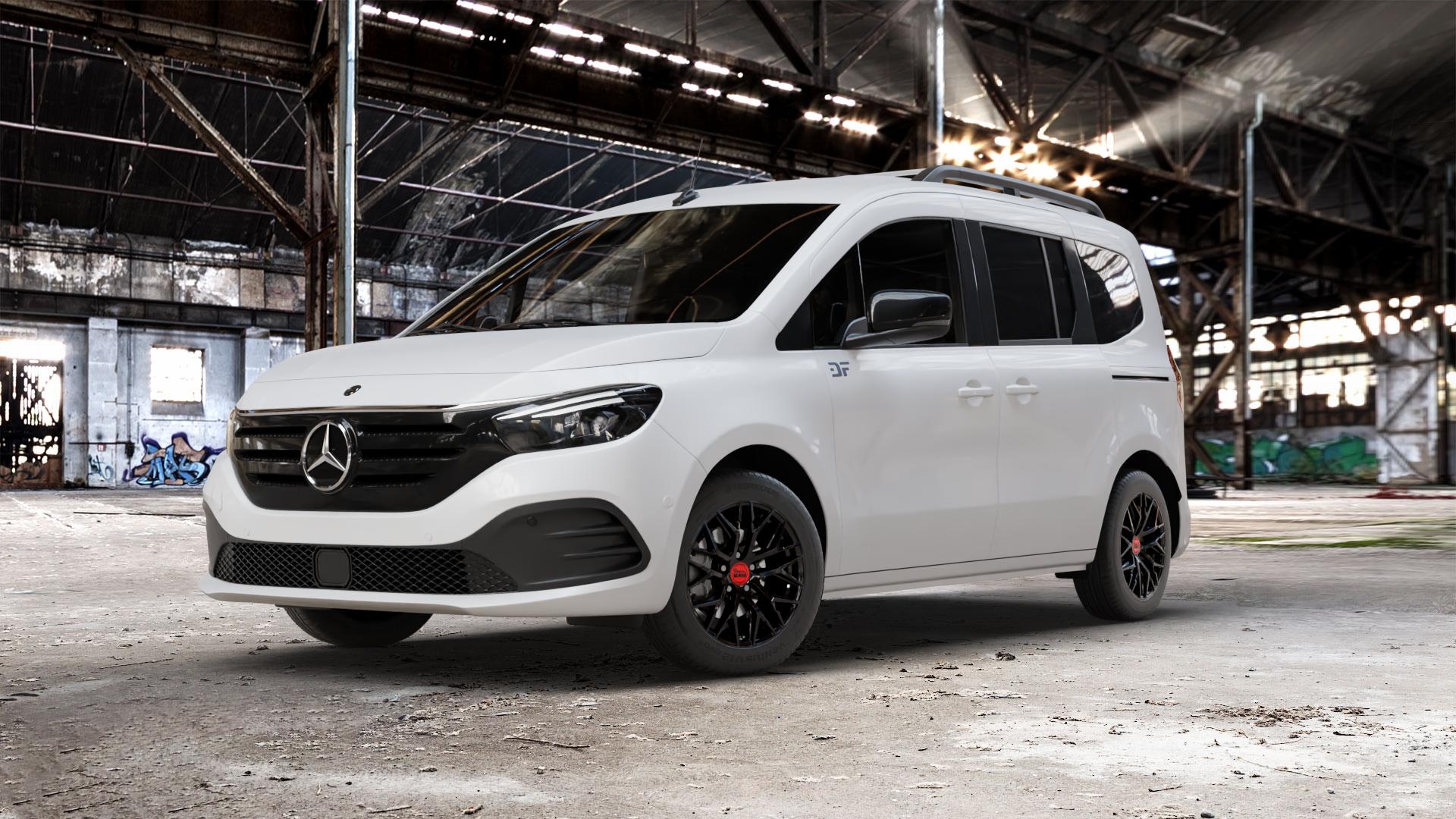 MAM RS4 BLACK PAINTED Felge mit Reifen schwarz in 16Zoll Winterfelge Alufelge auf weissem Mercedes EQT Typ MFK ⬇️ mit 15mm Tieferlegung ⬇️ Old Industrial Hall_max_5300mm_2024 Frontansicht_1