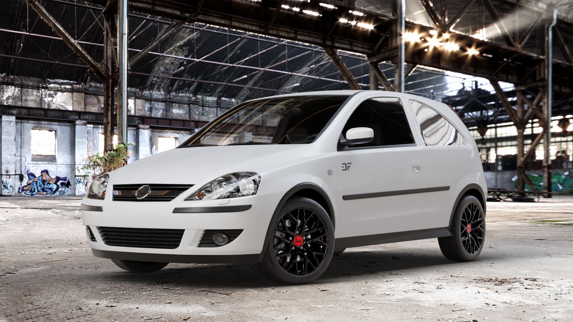 MAM RS4 BLACK PAINTED Felge mit Reifen schwarz in 16Zoll Winterfelge Alufelge auf weissem Opel Corsa C Typ CORSA-C ⬇️ mit 15mm Tieferlegung ⬇️ Old Industrial Hall_max_4400mm_2024 Frontansicht_1