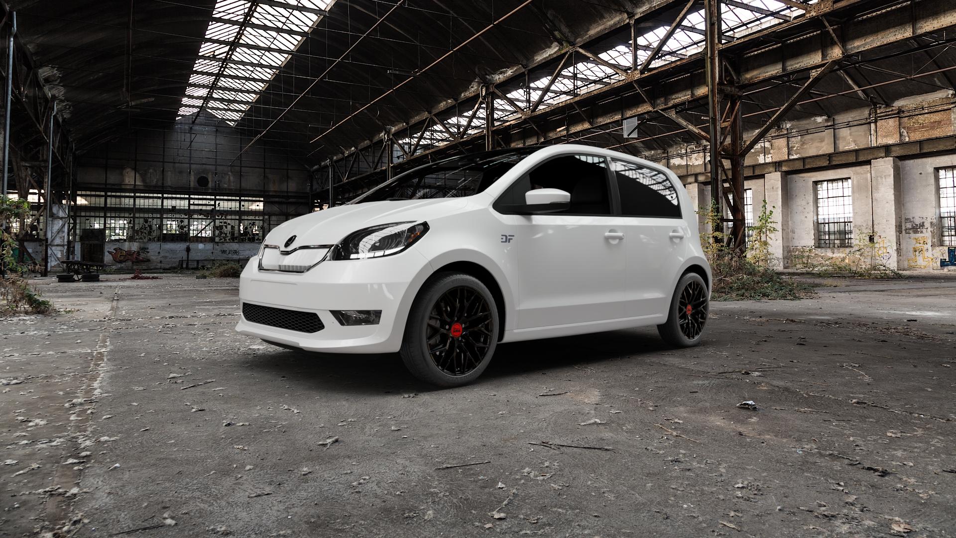 MAM RS4 BLACK PAINTED Felge mit Reifen schwarz in 16Zoll Winterfelge Alufelge auf weissem Skoda Citigo-e iV Typ AA ⬇️ mit 15mm Tieferlegung ⬇️ Old Industrial Hall_max5000mm_2022 Frontansicht_1