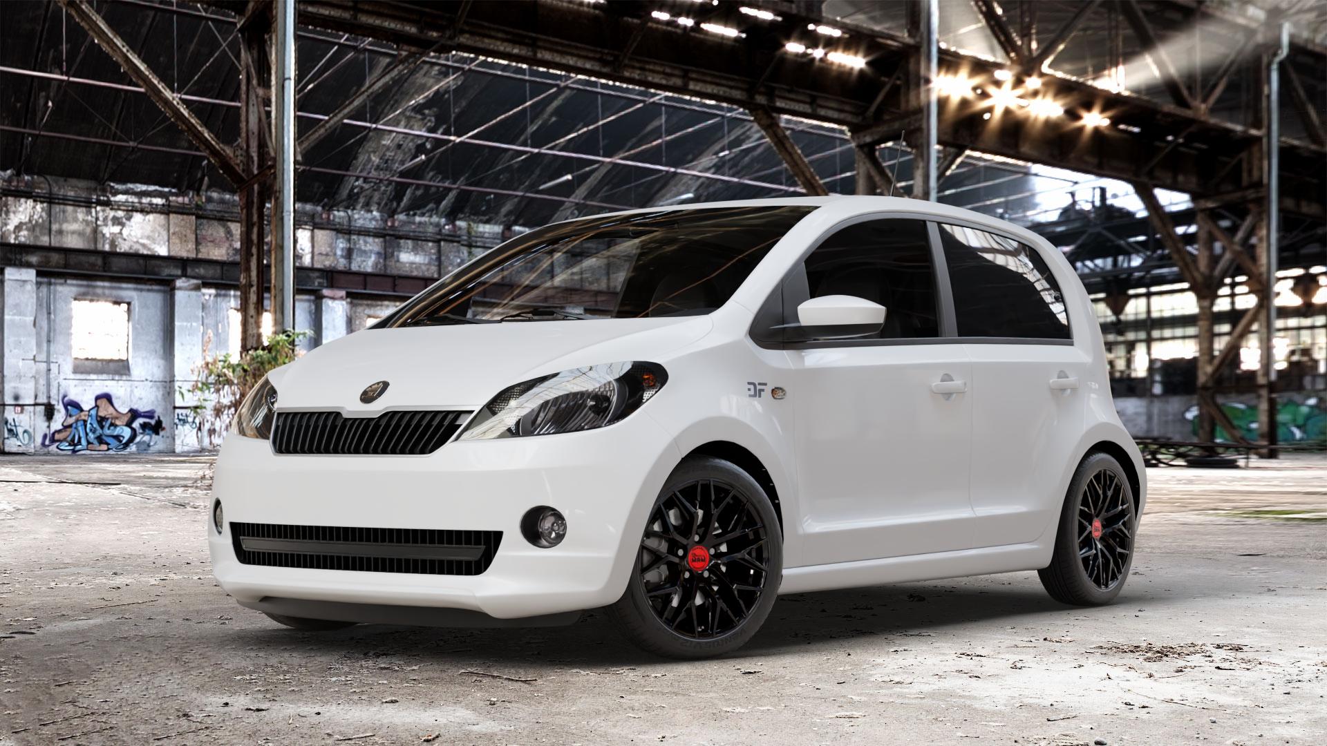 MAM RS4 BLACK PAINTED Felge mit Reifen schwarz in 16Zoll Winterfelge Alufelge auf weissem Skoda Citigo Typ AA ⬇️ mit 15mm Tieferlegung ⬇️ Old Industrial Hall_max_4400mm_2024 Frontansicht_1