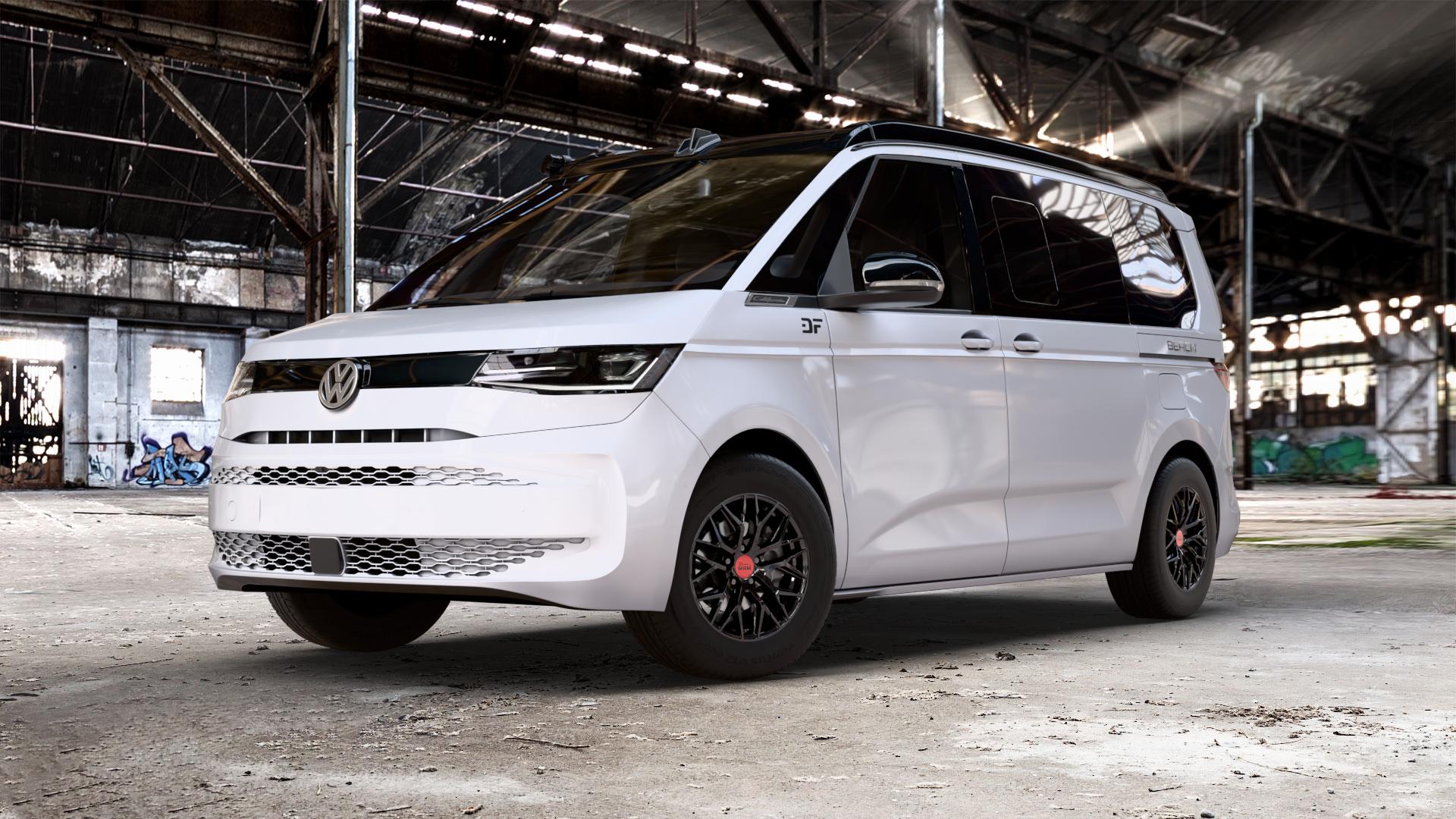 MAM RS4 BLACK PAINTED Felge mit Reifen schwarz in 16Zoll Winterfelge Alufelge auf weissem und schwarzem Volkswagen (VW) T7 California 1,5l TSI eHybrid 130kW (177 PS) ⬇️ mit 15mm Tieferlegung ⬇️ Old Industrial Hall_max_5300mm_2024 Frontansicht_1