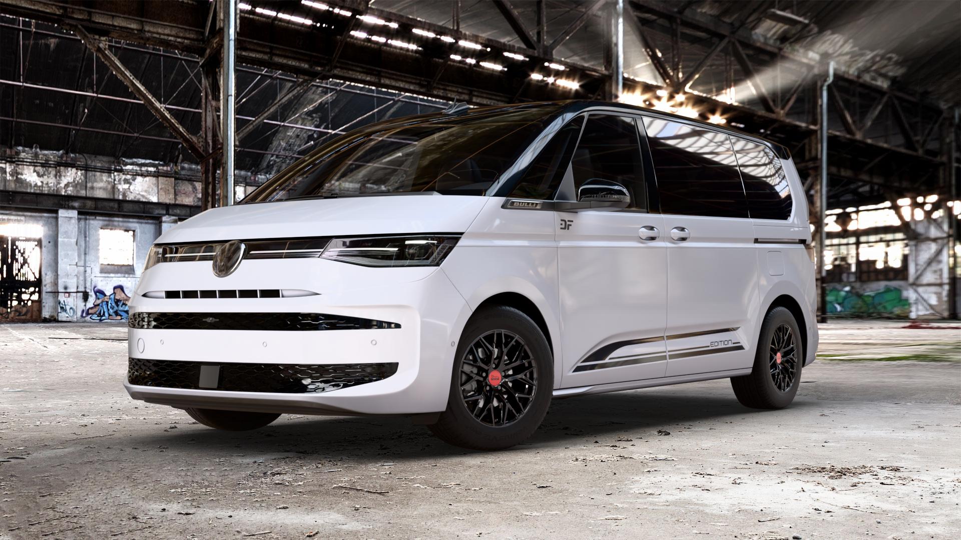 MAM RS4 BLACK PAINTED Felge mit Reifen schwarz in 16Zoll Winterfelge Alufelge auf weissem und schwarzem Volkswagen (VW) T7 Multivan Bus ⬇️ mit 15mm Tieferlegung ⬇️ Old Industrial Hall_max_5300mm_2024 Frontansicht_1