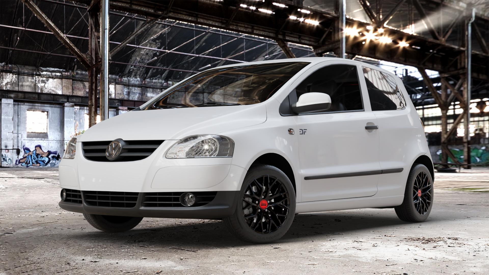MAM RS4 BLACK PAINTED Felge mit Reifen schwarz in 16Zoll Winterfelge Alufelge auf weissem Volkswagen (VW) Fox ⬇️ mit 15mm Tieferlegung ⬇️ Old Industrial Hall_max_4400mm_2024 Frontansicht_1