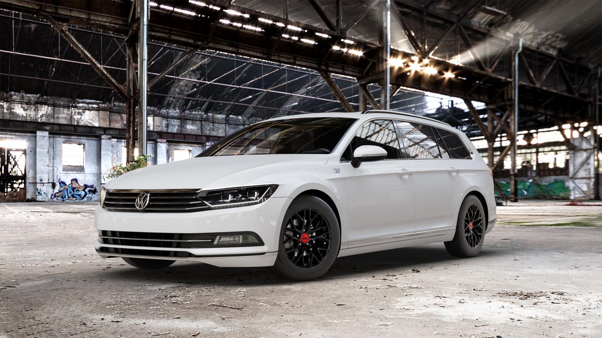MAM RS4 BLACK PAINTED Felge mit Reifen schwarz in 16Zoll Winterfelge Alufelge auf weissem Volkswagen (VW) Passat 3C/B8 Limousine Variant ⬇️ mit 15mm Tieferlegung ⬇️ Old Industrial Hall_max_5300mm_2024 Frontansicht_1