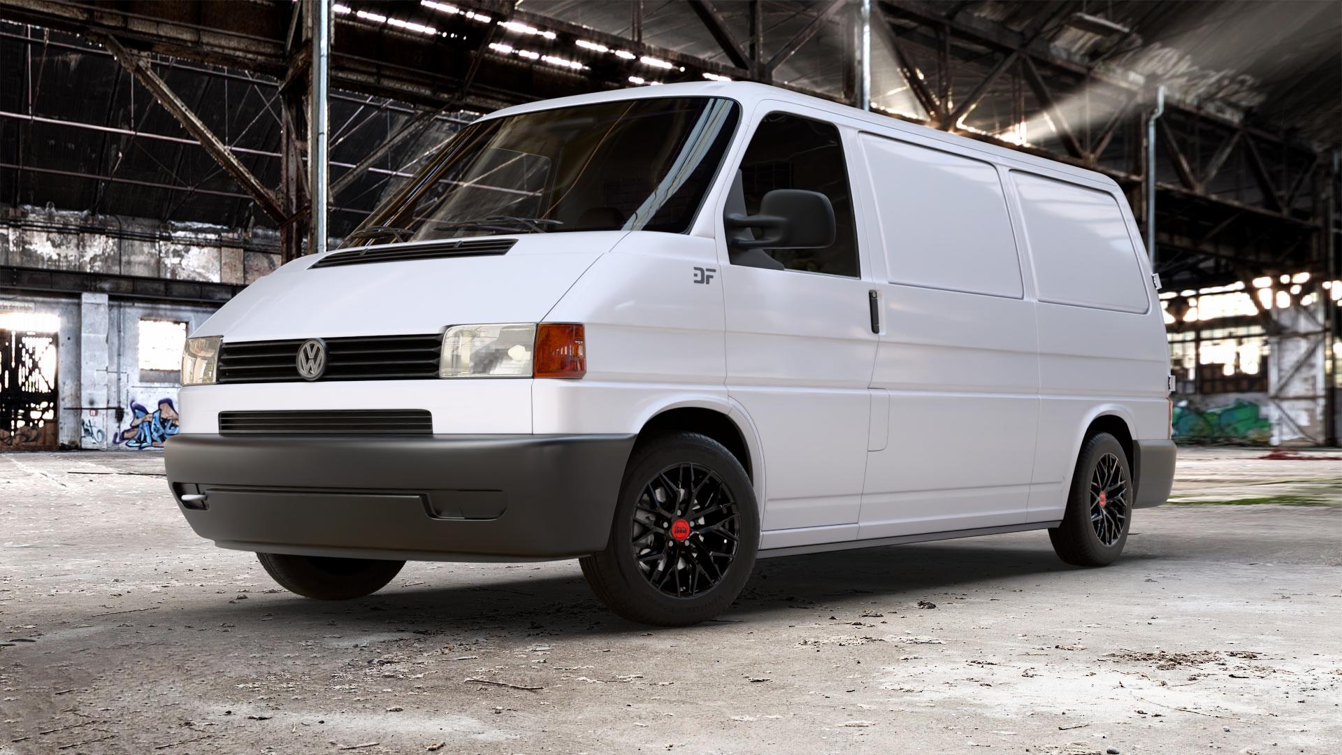 MAM RS4 BLACK PAINTED Felge mit Reifen schwarz in 16Zoll Winterfelge Alufelge auf weissem Volkswagen (VW) T4 Transporter ⬇️ mit 15mm Tieferlegung ⬇️ Old Industrial Hall_max_5300mm_2024 Frontansicht_1