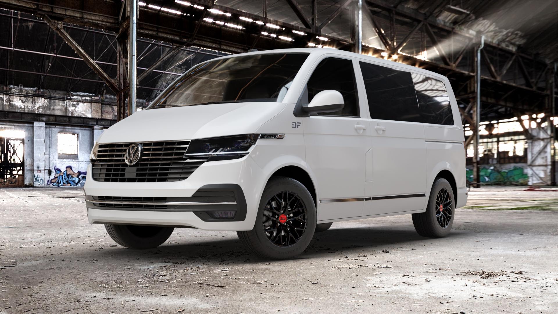 MAM RS4 BLACK PAINTED Felge mit Reifen schwarz in 16Zoll Winterfelge Alufelge auf weissem Volkswagen (VW) T6.1 Kombi Multivan ⬇️ mit 15mm Tieferlegung ⬇️ Old Industrial Hall_max_5300mm_2024 Frontansicht_1