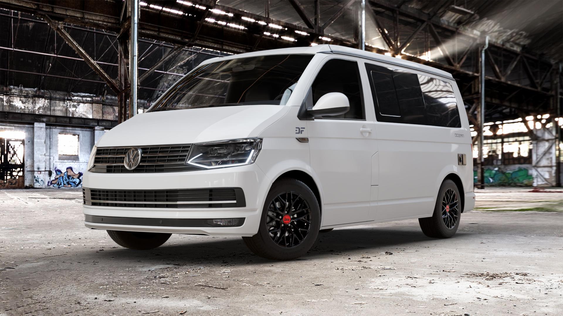 MAM RS4 BLACK PAINTED Felge mit Reifen schwarz in 16Zoll Winterfelge Alufelge auf weissem Volkswagen (VW) T6 California Beach ⬇️ mit 15mm Tieferlegung ⬇️ Old Industrial Hall_max_5300mm_2024 Frontansicht_1