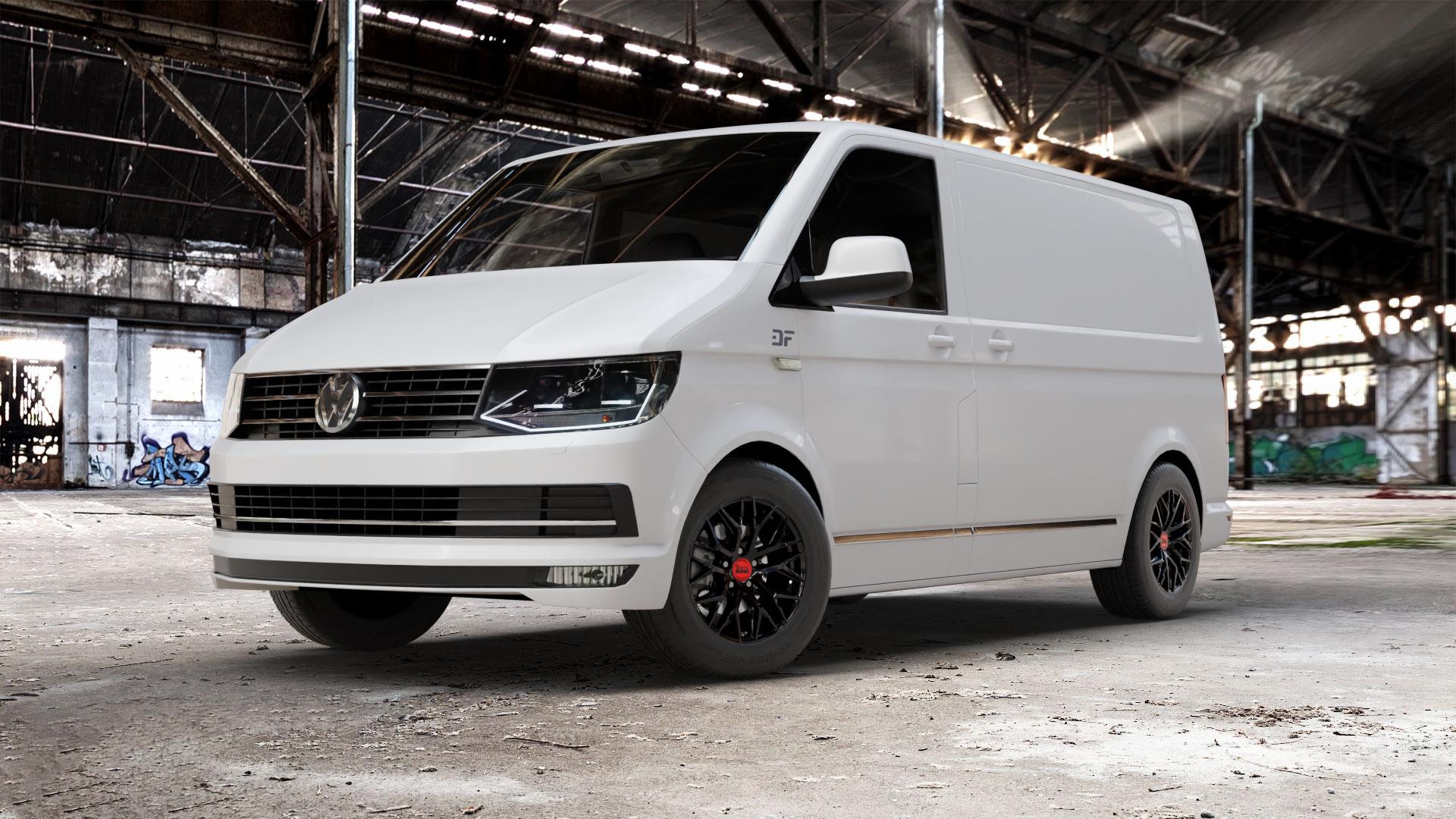 MAM RS4 BLACK PAINTED Felge mit Reifen schwarz in 16Zoll Winterfelge Alufelge auf weissem Volkswagen (VW) T6 Kastenwagen ⬇️ mit 15mm Tieferlegung ⬇️ Old Industrial Hall_max_5300mm_2024 Frontansicht_1