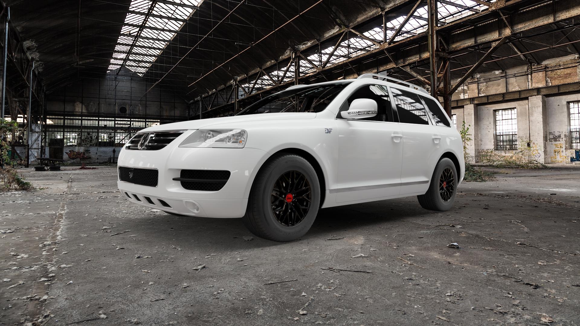 MAM RS4 BLACK PAINTED Felge mit Reifen schwarz in 16Zoll Winterfelge Alufelge auf weissem Volkswagen (VW) Touareg I Typ 7L ⬇️ mit 15mm Tieferlegung ⬇️ Old Industrial Hall_max5000mm_2022 Frontansicht_1