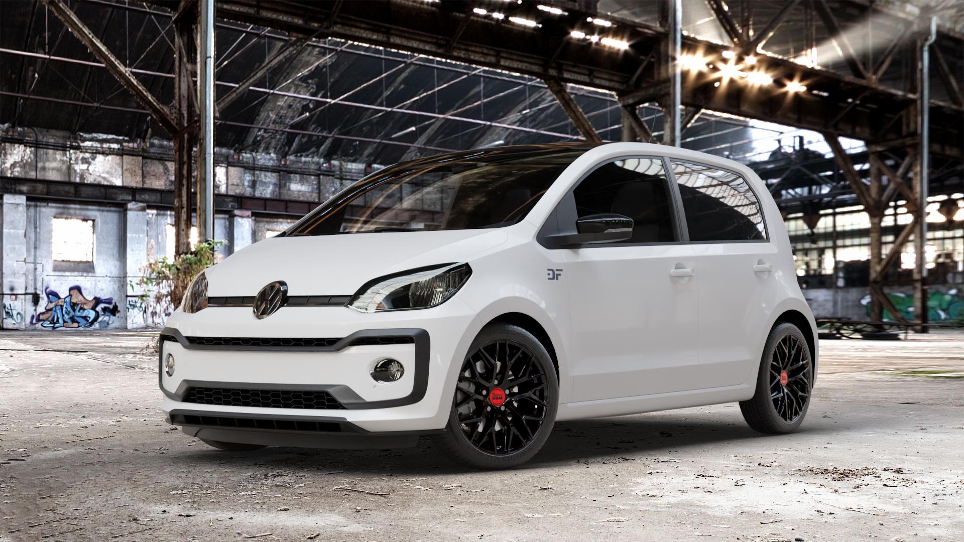 MAM RS4 BLACK PAINTED Felge mit Reifen schwarz in 16Zoll Winterfelge Alufelge auf weissem Volkswagen (VW) UP Facelift ⬇️ mit 15mm Tieferlegung ⬇️ Old Industrial Hall_max_4400mm_2024 Frontansicht_1