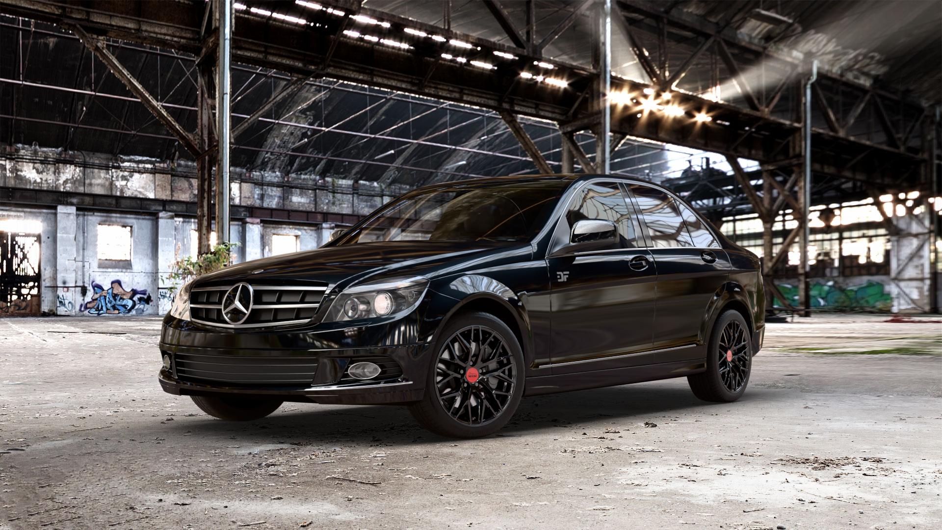 MAM RS4 BLACK PAINTED Felge mit Reifen schwarz in 17Zoll Winterfelge Alufelge auf schwarzem metallic Mercedes C-Klasse Typ W204 Limousine ⬇️ mit 15mm Tieferlegung ⬇️ Old Industrial Hall_max_5300mm_2024 Frontansicht_1