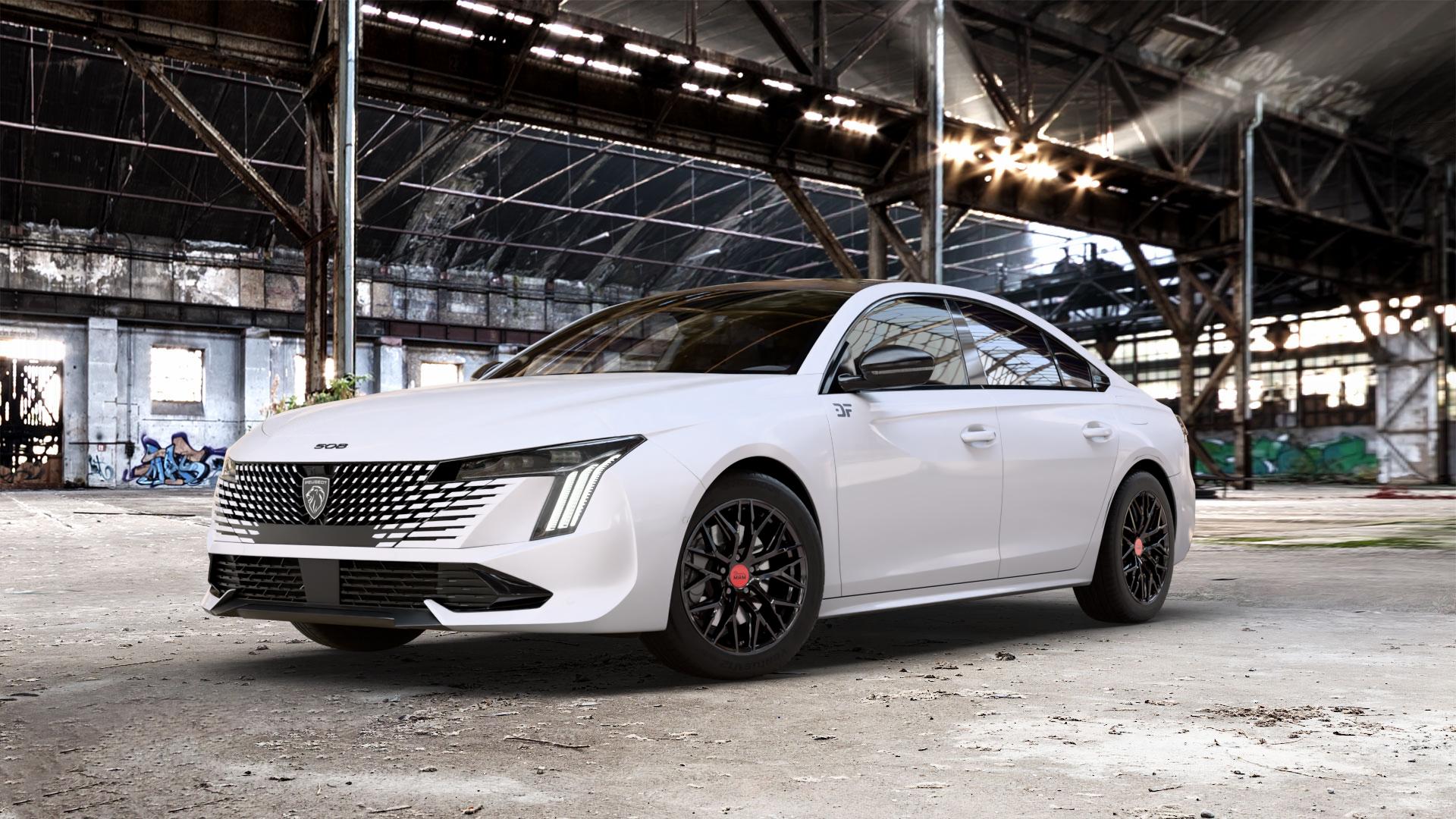 MAM RS4 BLACK PAINTED Felge mit Reifen schwarz in 17Zoll Winterfelge Alufelge auf weissem Peugeot 508 Typ F Limousine Facelift ⬇️ mit 15mm Tieferlegung ⬇️ Old Industrial Hall_max_5300mm_2024 Frontansicht_1