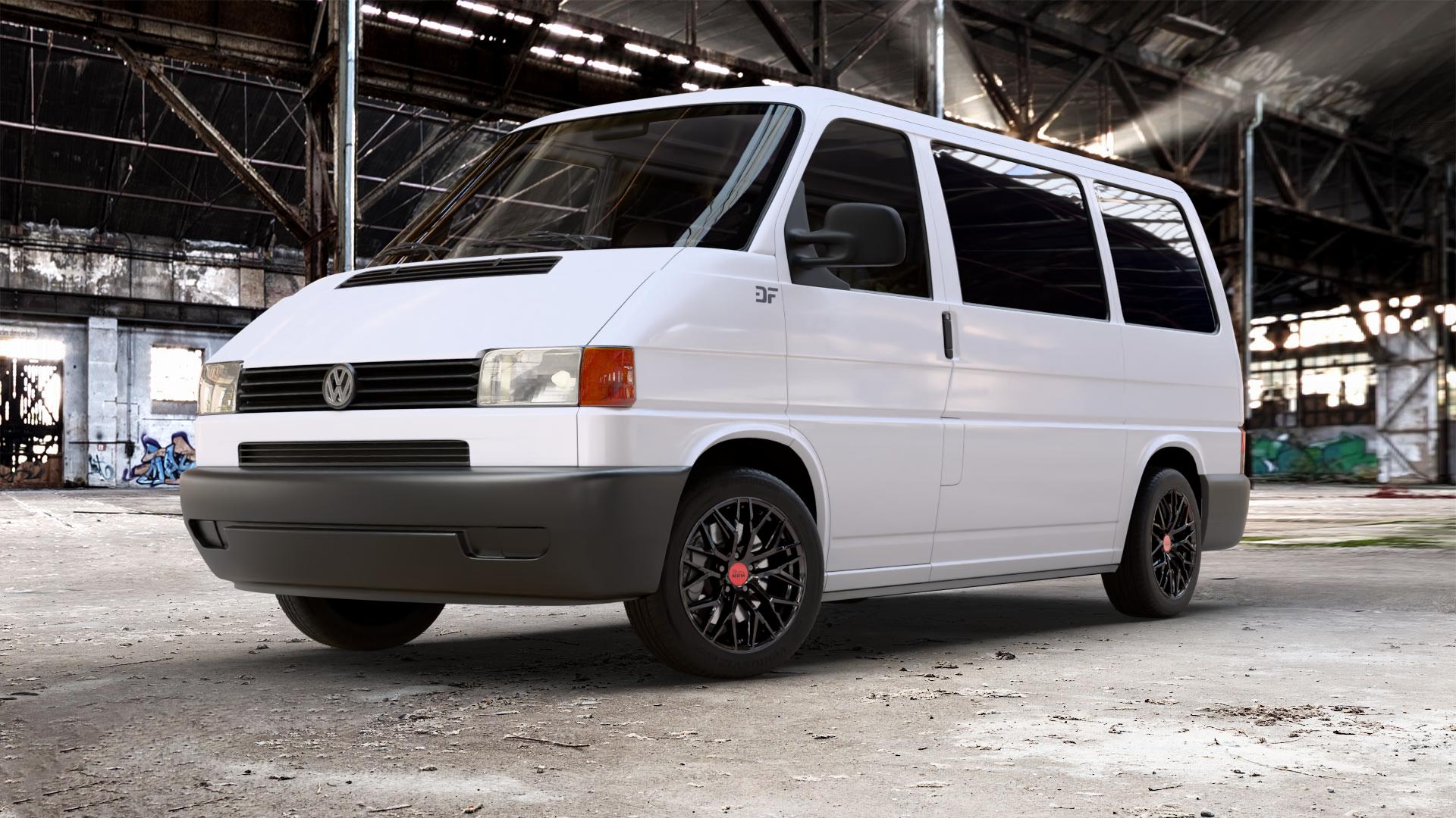 MAM RS4 BLACK PAINTED Felge mit Reifen schwarz in 17Zoll Winterfelge Alufelge auf weissem Volkswagen (VW) T4 California Caravelle Kleinbus Multivan Krankenwagen ⬇️ mit 15mm Tieferlegung ⬇️ Old Industrial Hall_max_5300mm_2024 Frontansicht_1