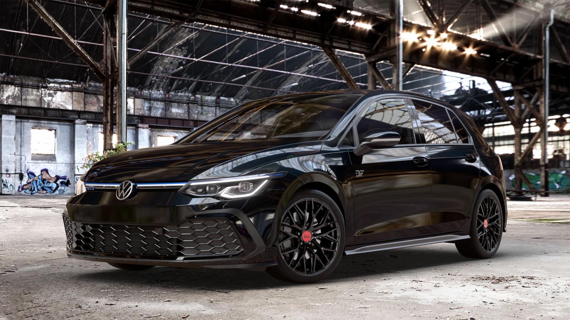MAM RS4 BLACK PAINTED Felge mit Reifen schwarz in 18Zoll Winterfelge Alufelge auf schwarzem metallic Volkswagen (VW) Golf 8 1,4l GTE 110kW Hybrid (150 PS) ⬇️ mit 15mm Tieferlegung ⬇️ Old Industrial Hall_max_4400mm_2024 Frontansicht_1