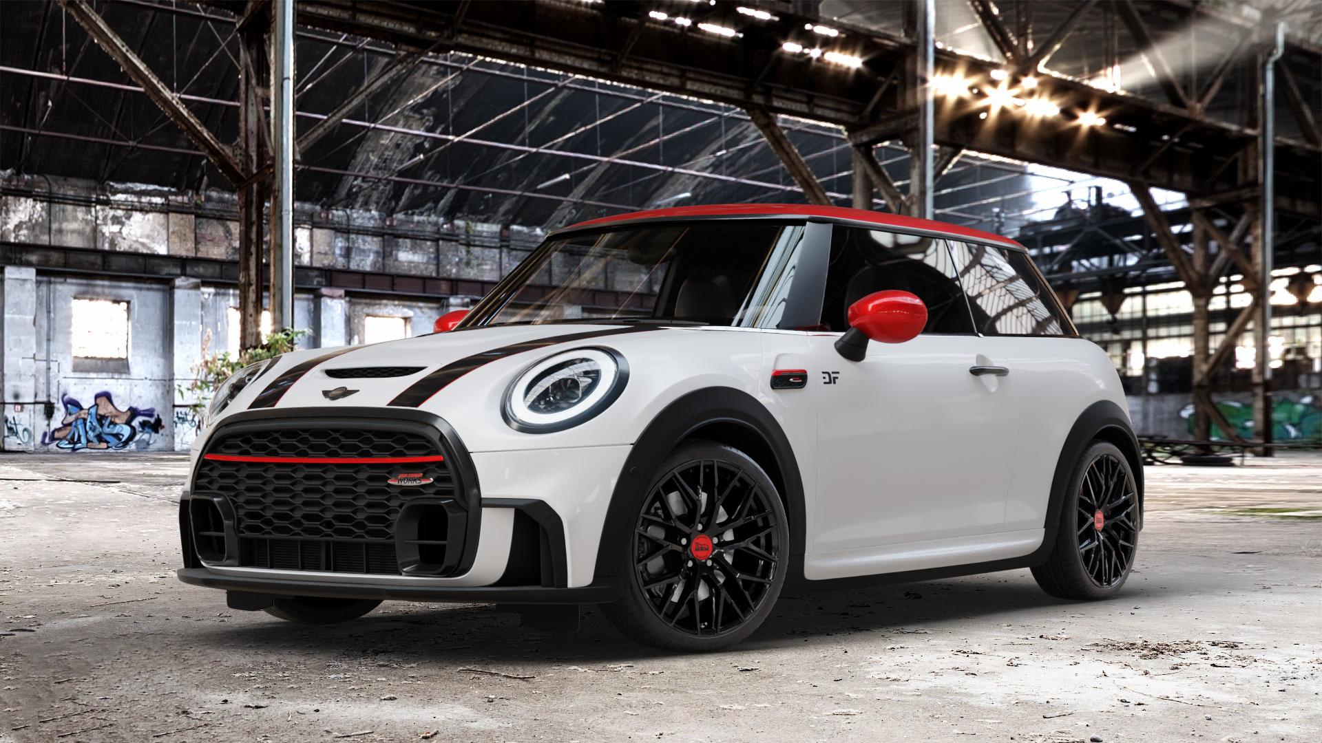 MAM RS4 BLACK PAINTED Felge mit Reifen schwarz in 18Zoll Winterfelge Alufelge auf weissem Mini F56 Typ FML2 (3-Türer Limousine) Facelift 21-> 2,0l Cooper S 131kW (178 PS) 120kW (163 JCW 170kW (231 ⬇️ mit 15mm Tieferlegung ⬇️ Old Industrial Hall_max_4400mm_2024 Frontansicht_1