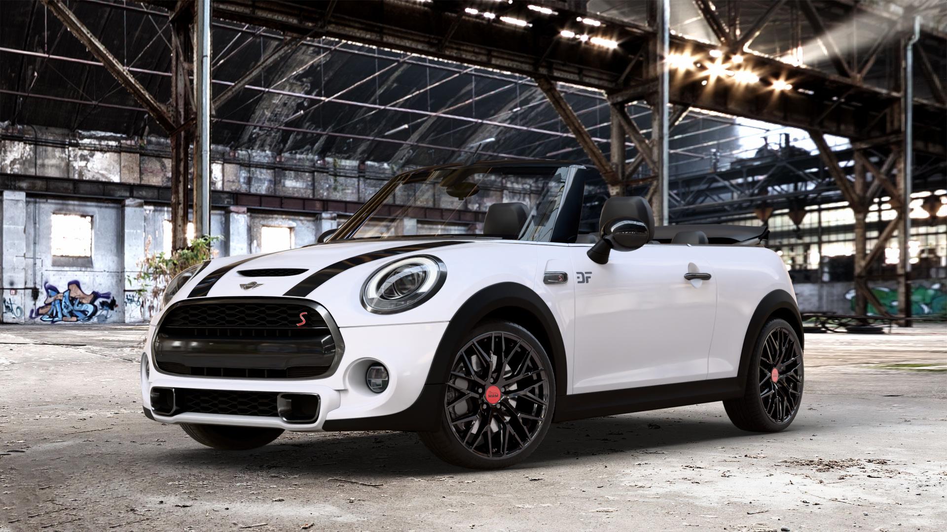 MAM RS4 BLACK PAINTED Felge mit Reifen schwarz in 18Zoll Winterfelge Alufelge auf weissem Mini F57 Typ UKL-L (Cabriolet) 2,0l Cooper S 141kW (192 PS) SD 125kW (170 JCW 170kW (231 FMCA 155kW (211 120kW (163 Facelift ⬇️ mit 15mm Tieferlegung ⬇️ Old Industrial Hall_max_4400mm_2024 Frontansicht_1