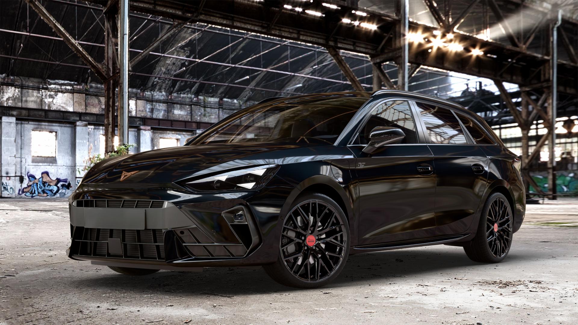 MAM RS4 BLACK PAINTED Felge mit Reifen schwarz in 19Zoll Winterfelge Alufelge auf metallic schwarzem Cupra Leon Typ KL ST Facelift ⬇️ mit 15mm Tieferlegung ⬇️ Old Industrial Hall_max_4400mm_2024 Frontansicht_1