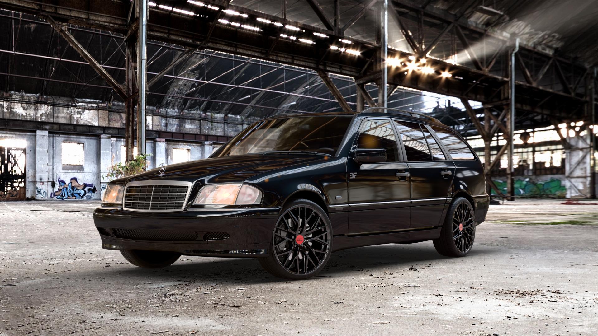MAM RS4 BLACK PAINTED Felge mit Reifen schwarz in 19Zoll Winterfelge Alufelge auf metallic schwarzem Mercedes C-Klasse Typ S202 Kombi ⬇️ mit 15mm Tieferlegung ⬇️ Old Industrial Hall_max_5300mm_2024 Frontansicht_1