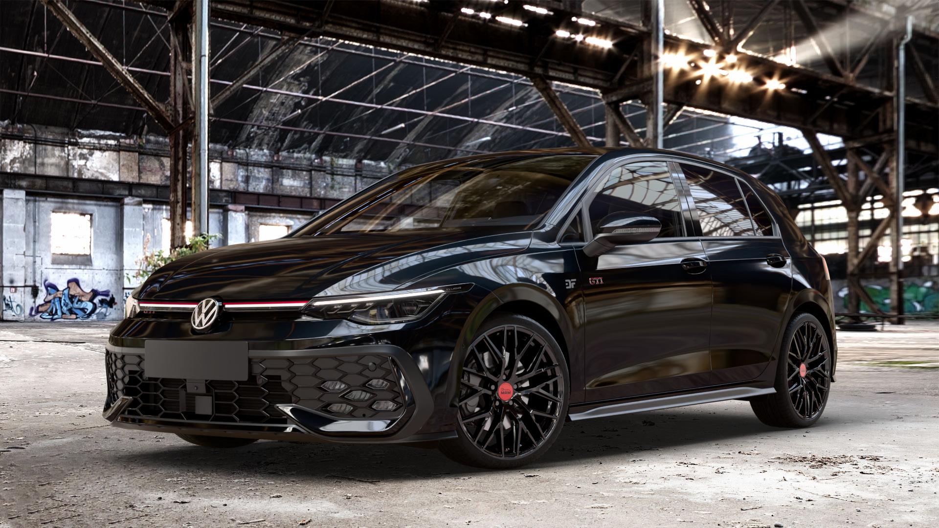 MAM RS4 BLACK PAINTED Felge mit Reifen schwarz in 19Zoll Winterfelge Alufelge auf metallic schwarzem Volkswagen (VW) Golf 8 Facelift 2,0l GTI 195kW (265 PS) ⬇️ mit 15mm Tieferlegung ⬇️ Old Industrial Hall_max_4400mm_2024 Frontansicht_1