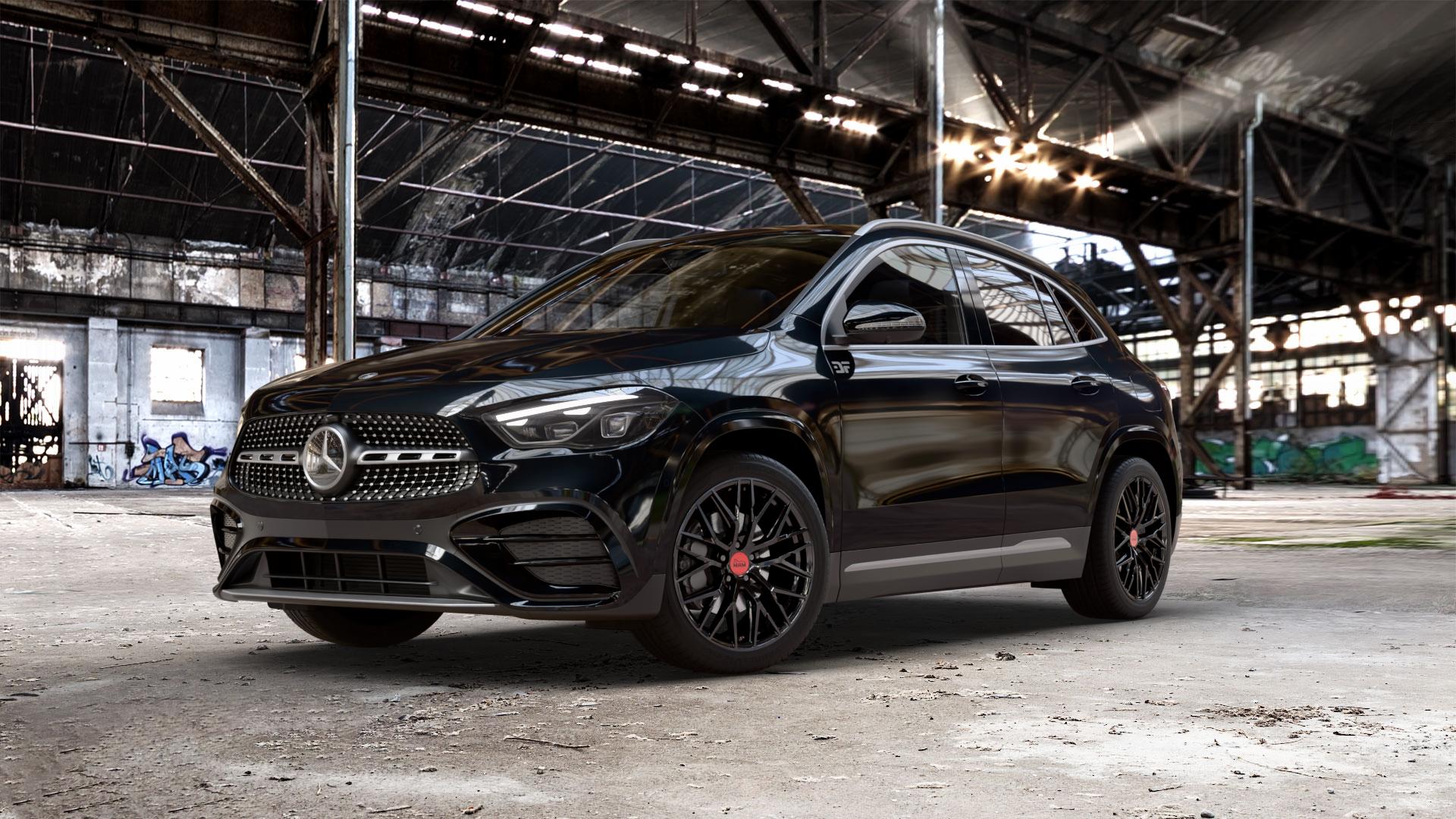 MAM RS4 BLACK PAINTED Felge mit Reifen schwarz in 19Zoll Winterfelge Alufelge auf schwarzem metallic Mercedes GLA-Klasse Typ F2B Facelift ⬇️ mit 15mm Tieferlegung ⬇️ Old Industrial Hall_max_5300mm_2024 Frontansicht_1